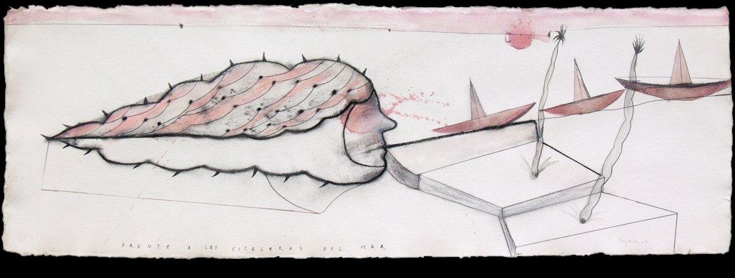 "FRENTE A LAS ESCALERAS DEL MAR" . 2009 . 16" x 47" . Acrylic, Charcoal, Graphyte on Paper
