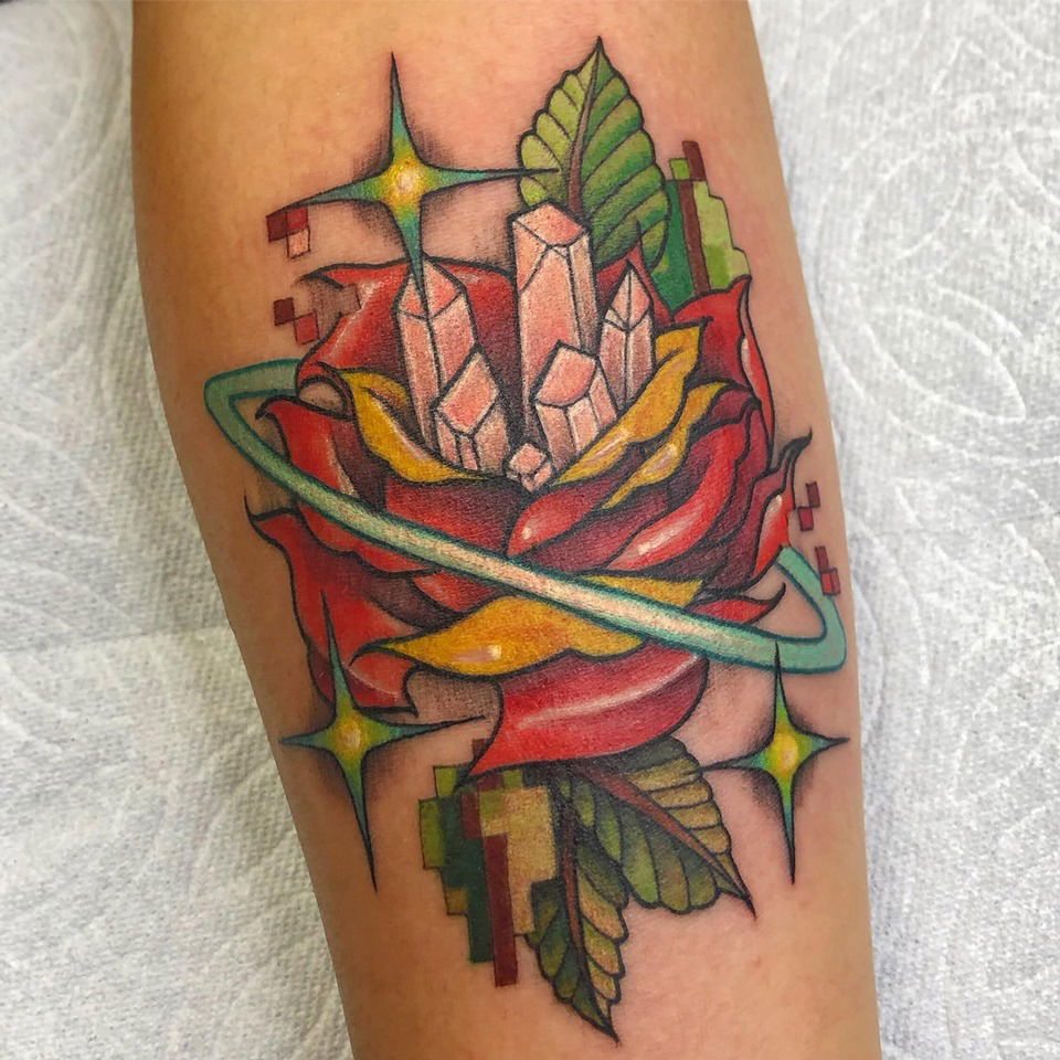 Cybertraditional Rose tattoo