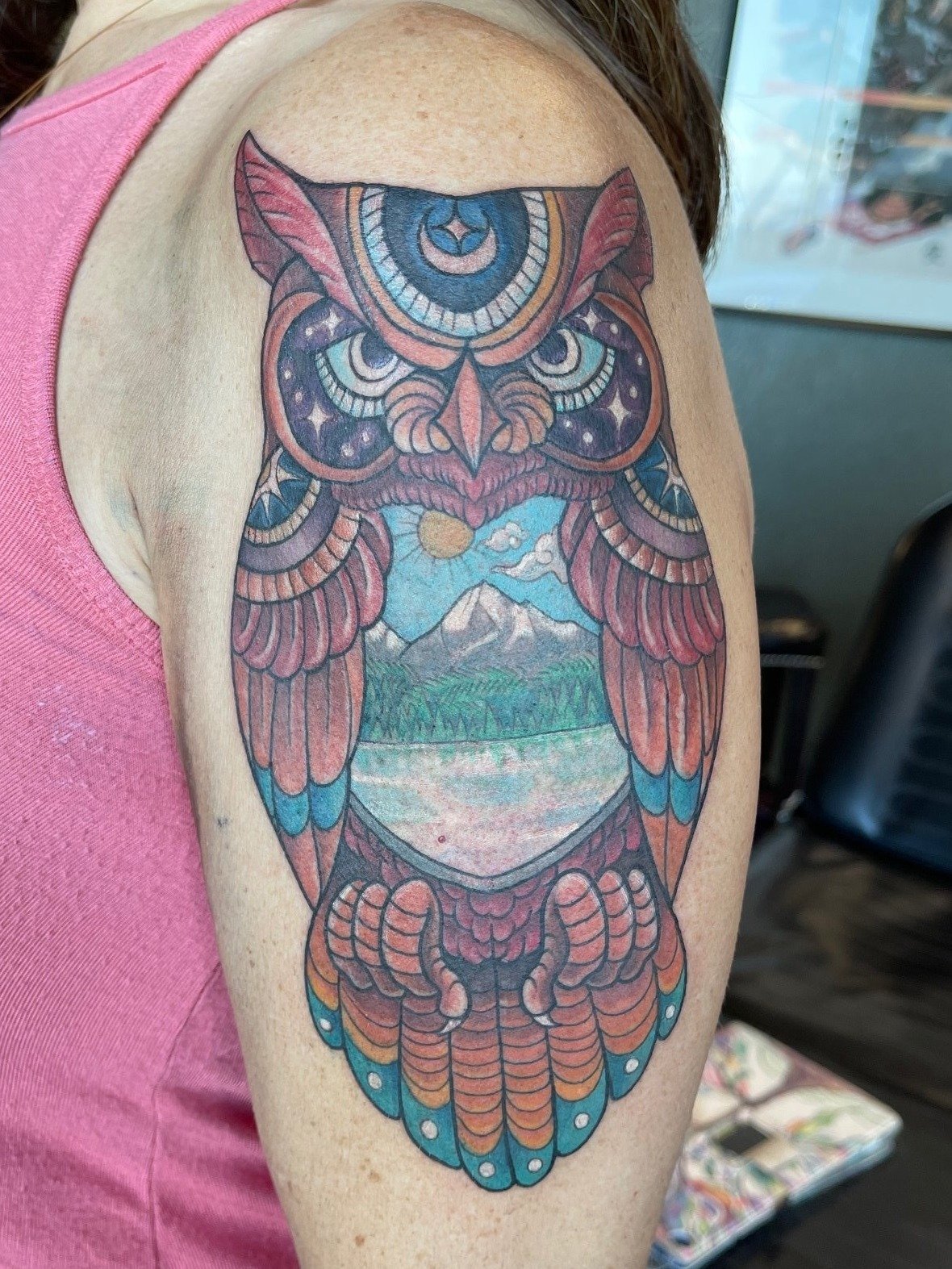 Owl and landscape tattoo