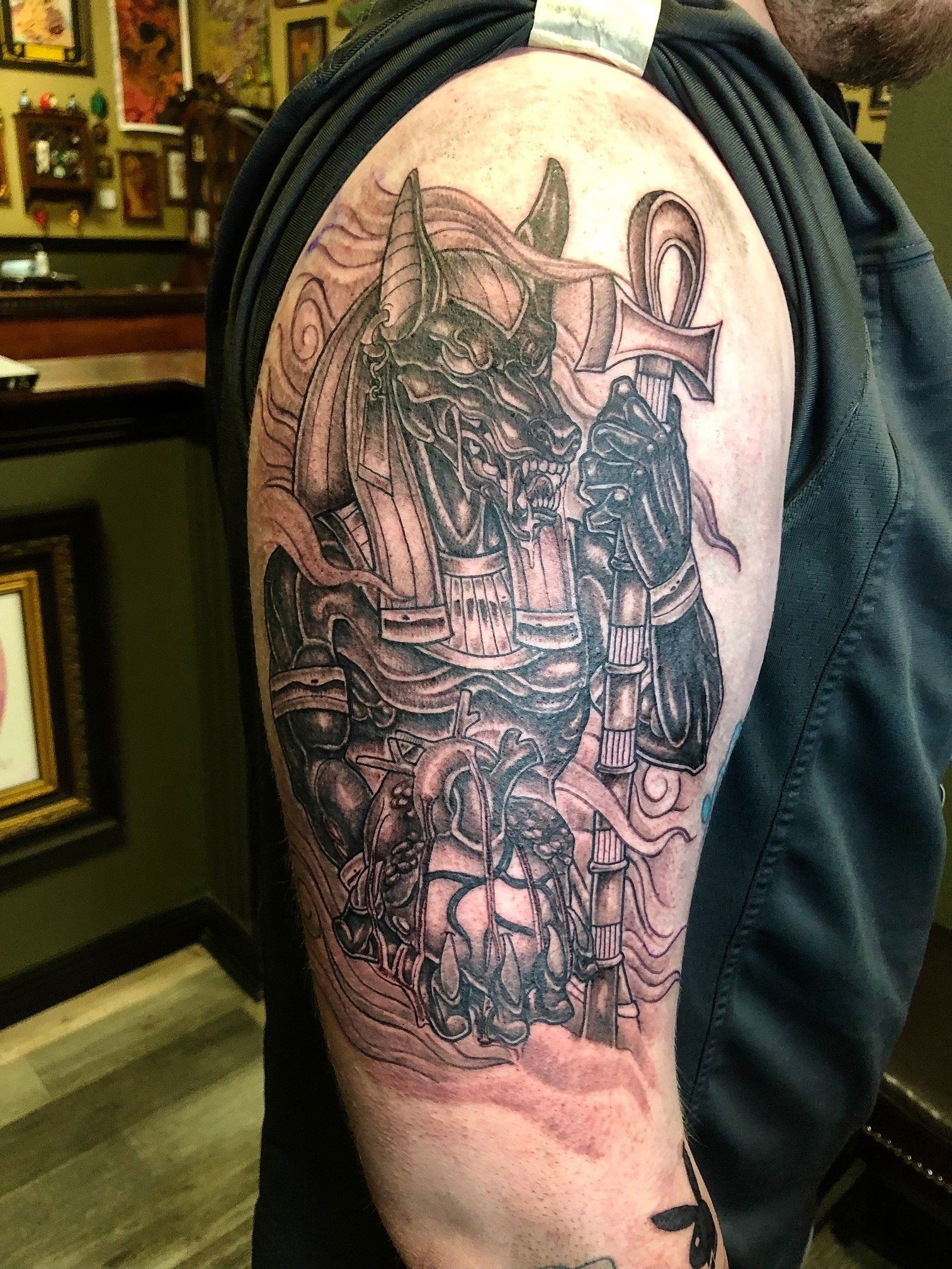 Black and Grey Anubis Tattoo