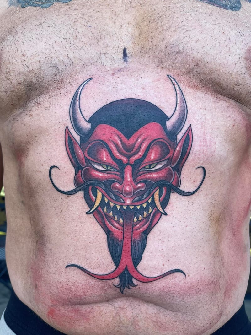 Neo Traditional Devil head tattoo The Art of B.Benjamin