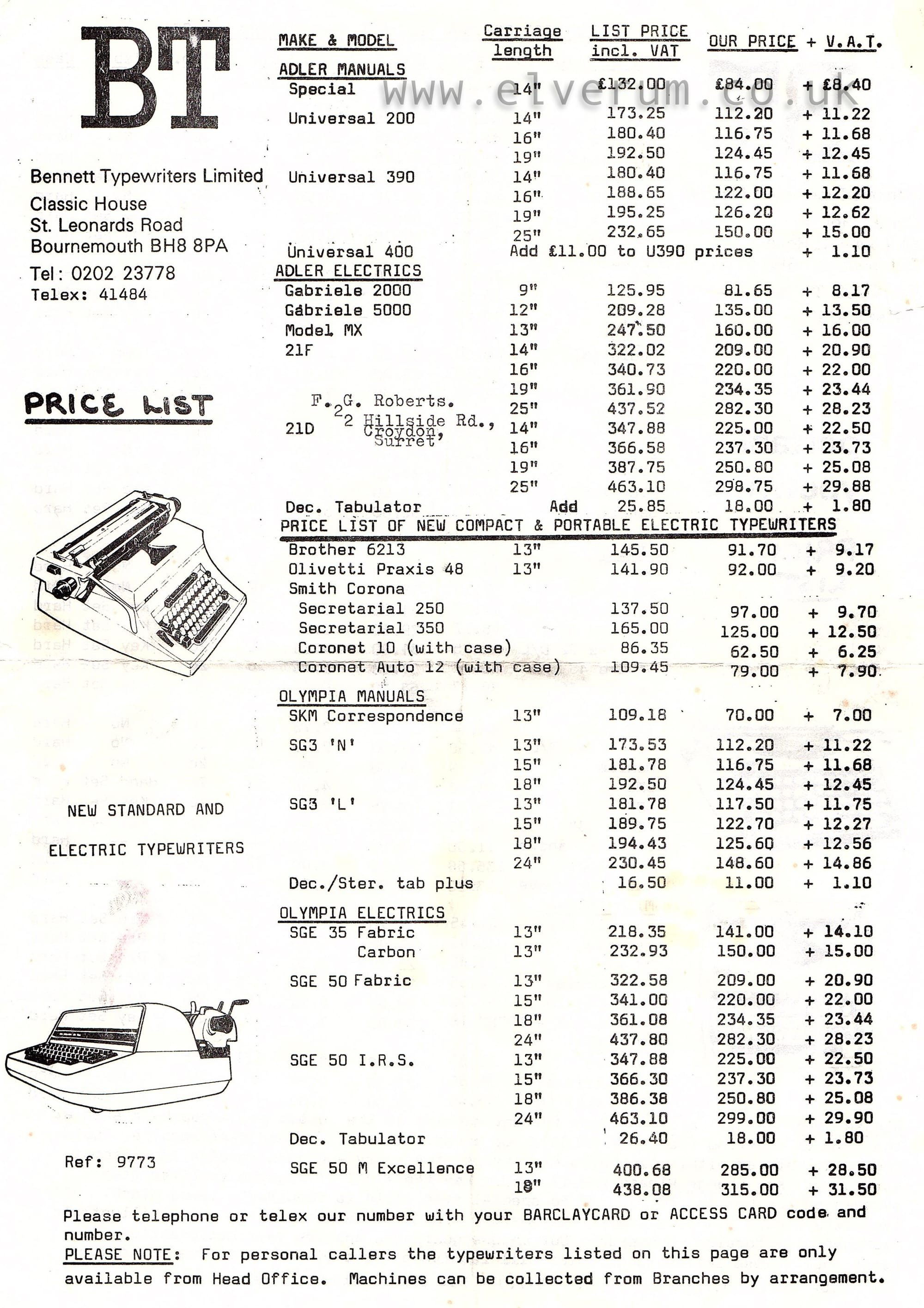 1973 Portable Typewriter Price List