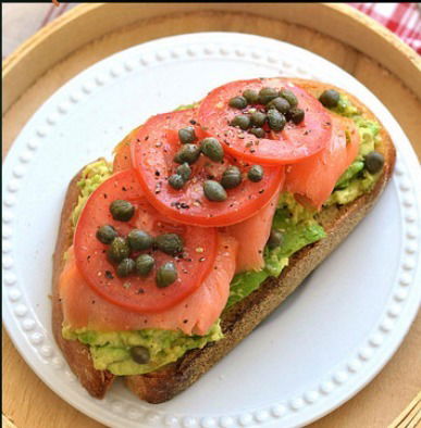 #12 Avocado, Smoked Salmon, Tomato, capers on Multigrain Bread