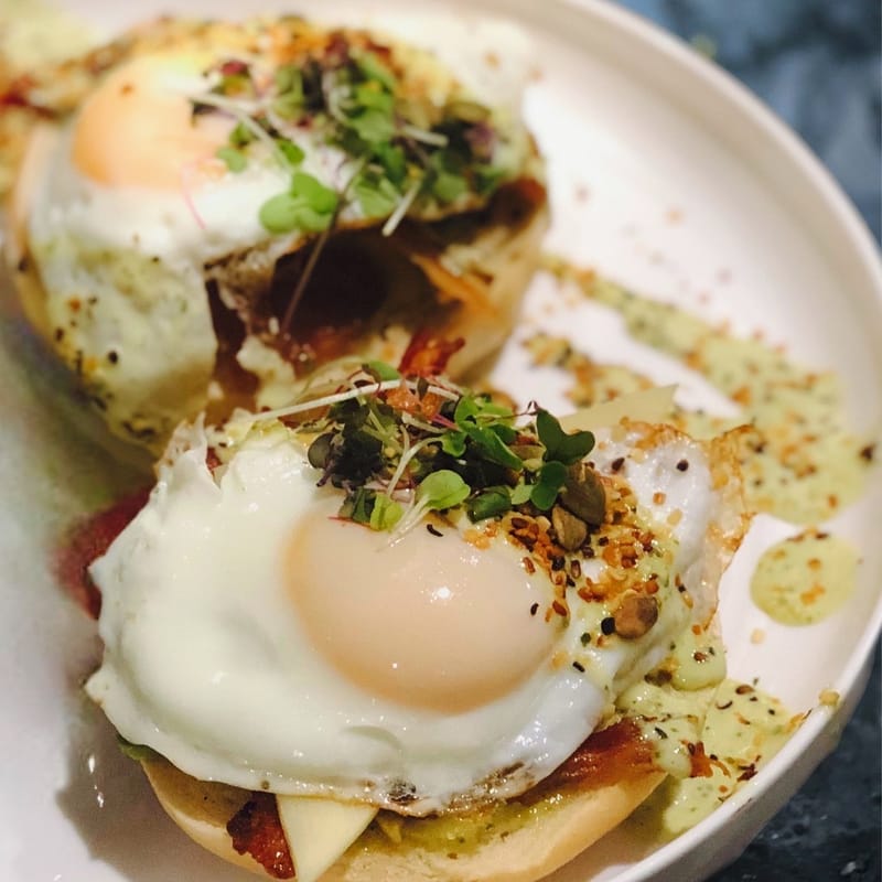 #22 Open face bacon & poached eggs, cheese, Avocado on Bagel