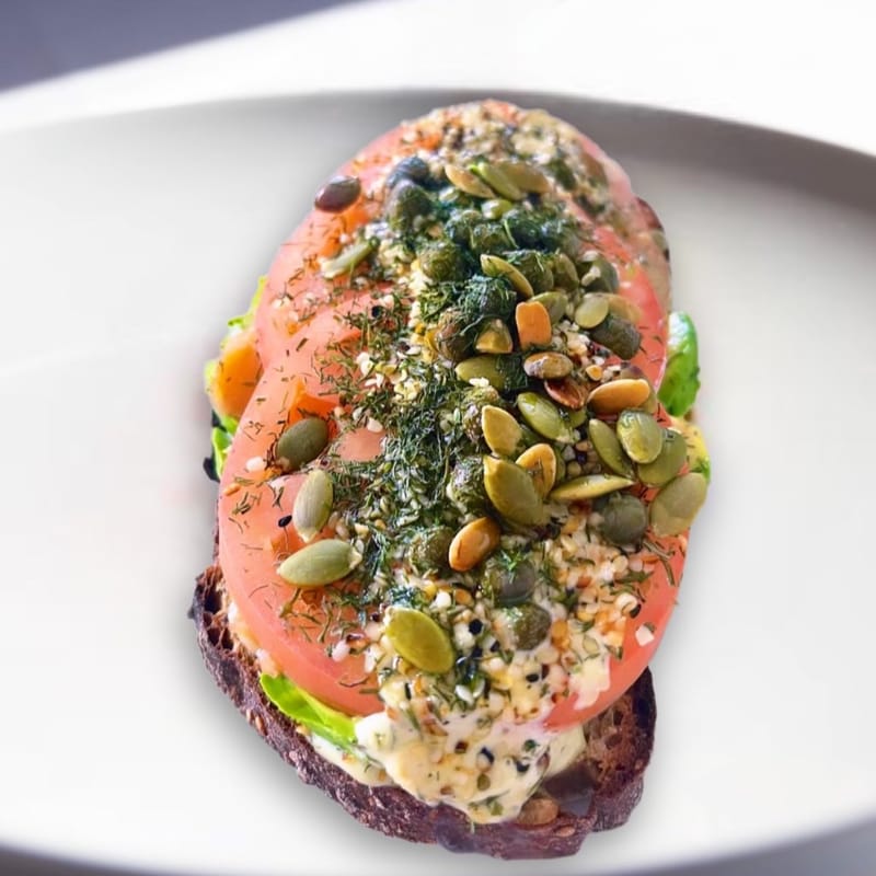 #12 Avocado, Smoked Salmon, Tomato, capers on Multigrain Bread