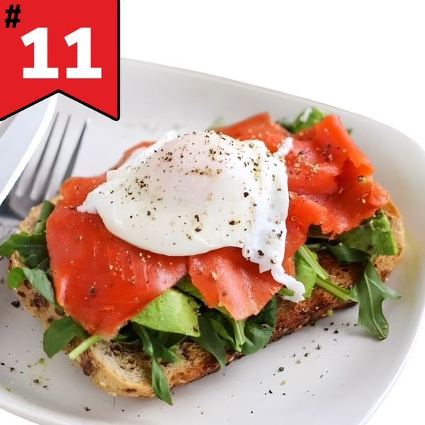 #11 Smoked Salmon & Arugula, Avocado, poached egg on Multigrain Bread