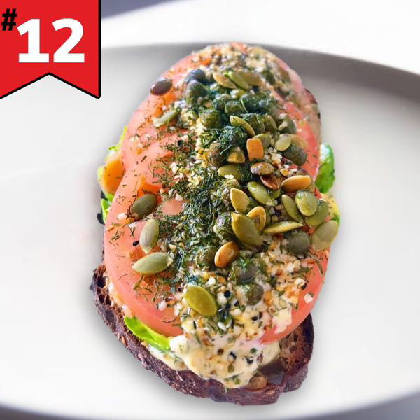 #12 Avocado, Smoked Salmon, Tomato, capers on Multigrain Bread