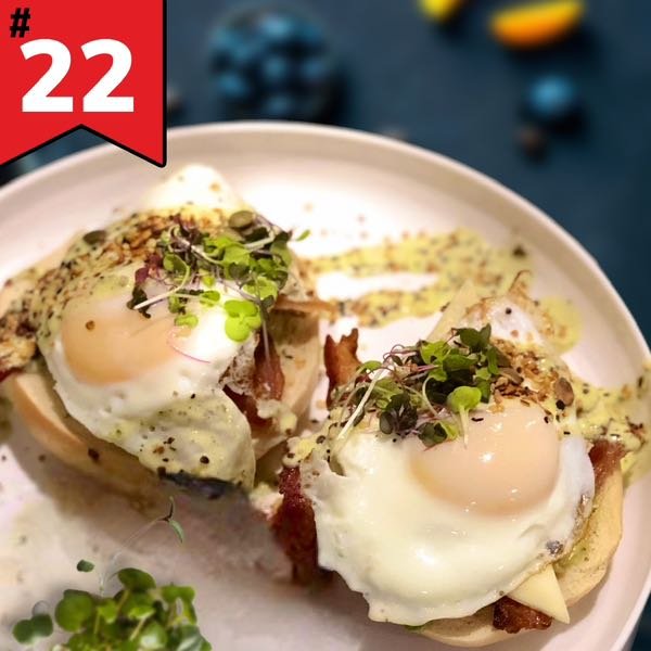 #22 Open face bacon & poached eggs, cheese, Avocado on Bagel