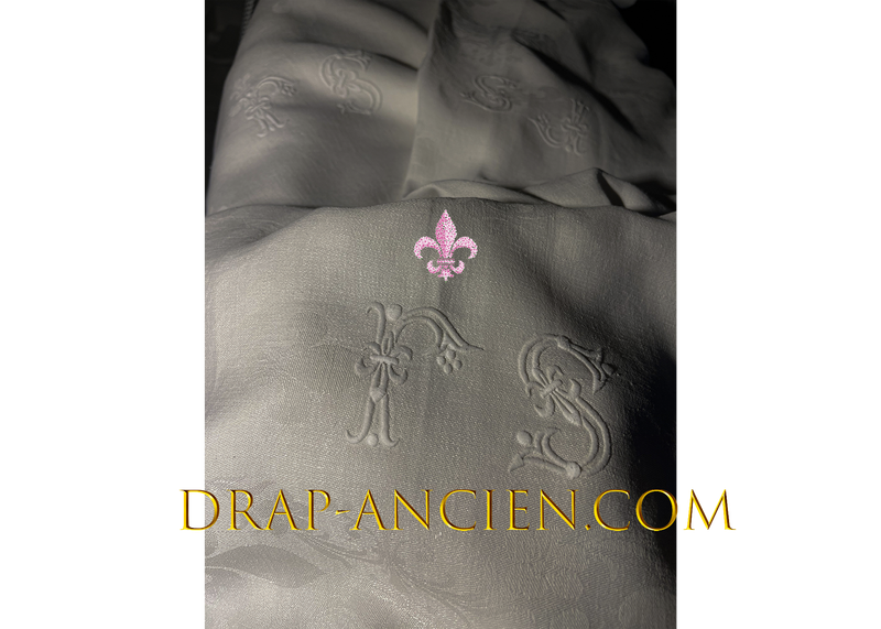 Nappe en damassé de lin fin, motifs tissés et 2 monogrammes BL - Passion de blanc