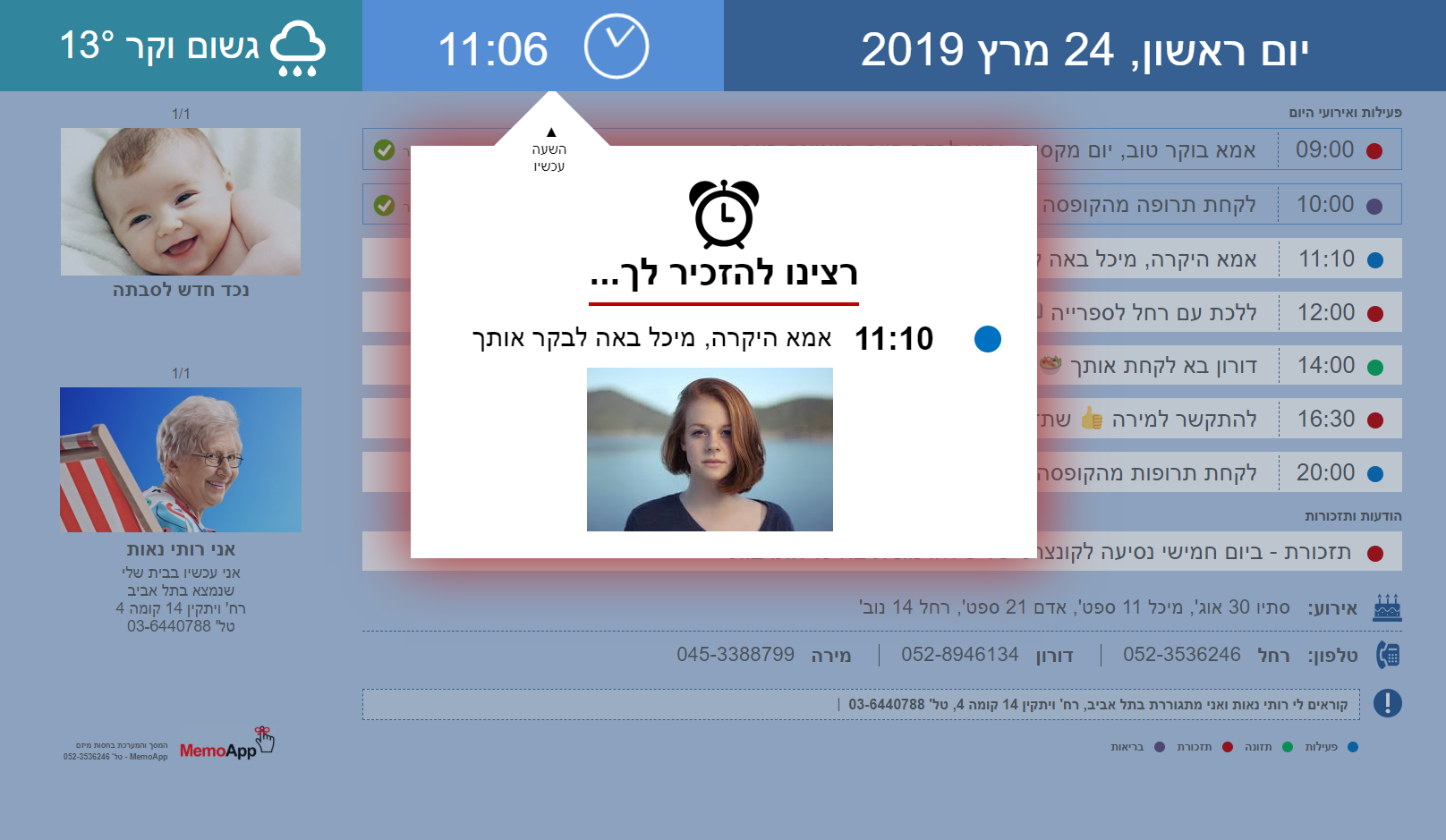 מסך עם הודעה ותזכורת על ביקור צפוי בליווי תמונה של המבקר, אפשרות להתראה קולית