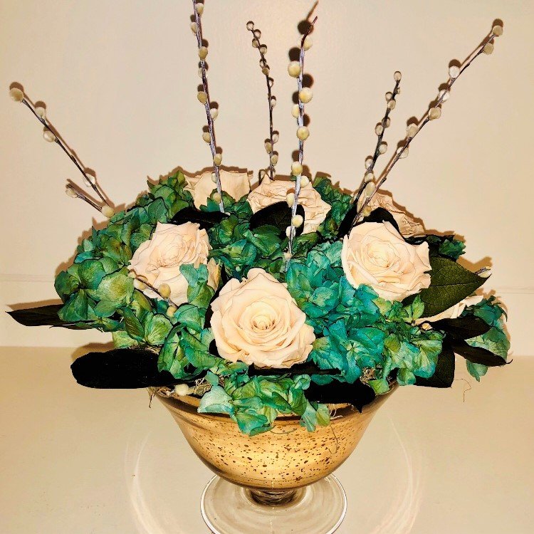 119 Large Gold Mercury Glass Hydrangea and Roses
