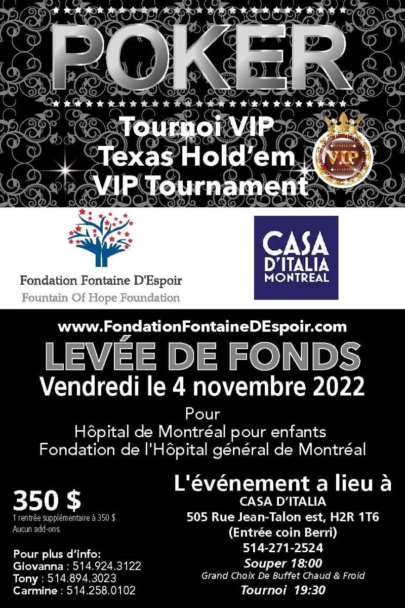 POKER   Tournoi VIP Texas Hold'em VIP Tournament    Levée de Fonds   vendredi le 4 novembre 2022