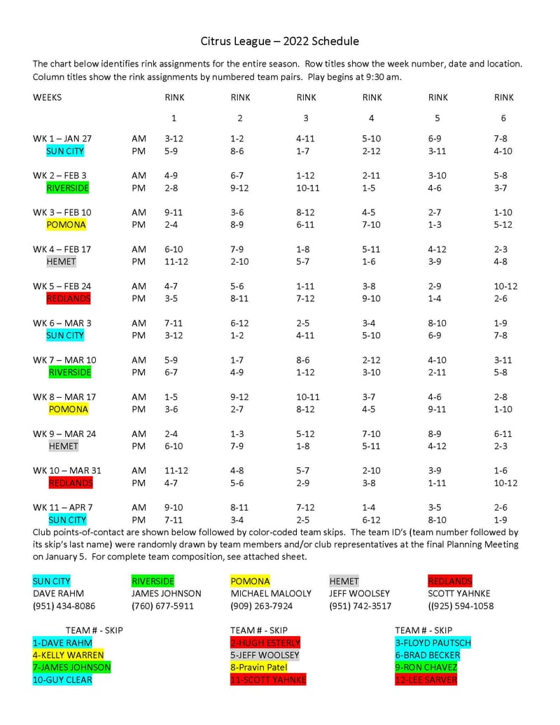 Citrus League Schedule Redlands Lawn Bowling Club Citrus League Schedule Redlands Lawn Bowling Club