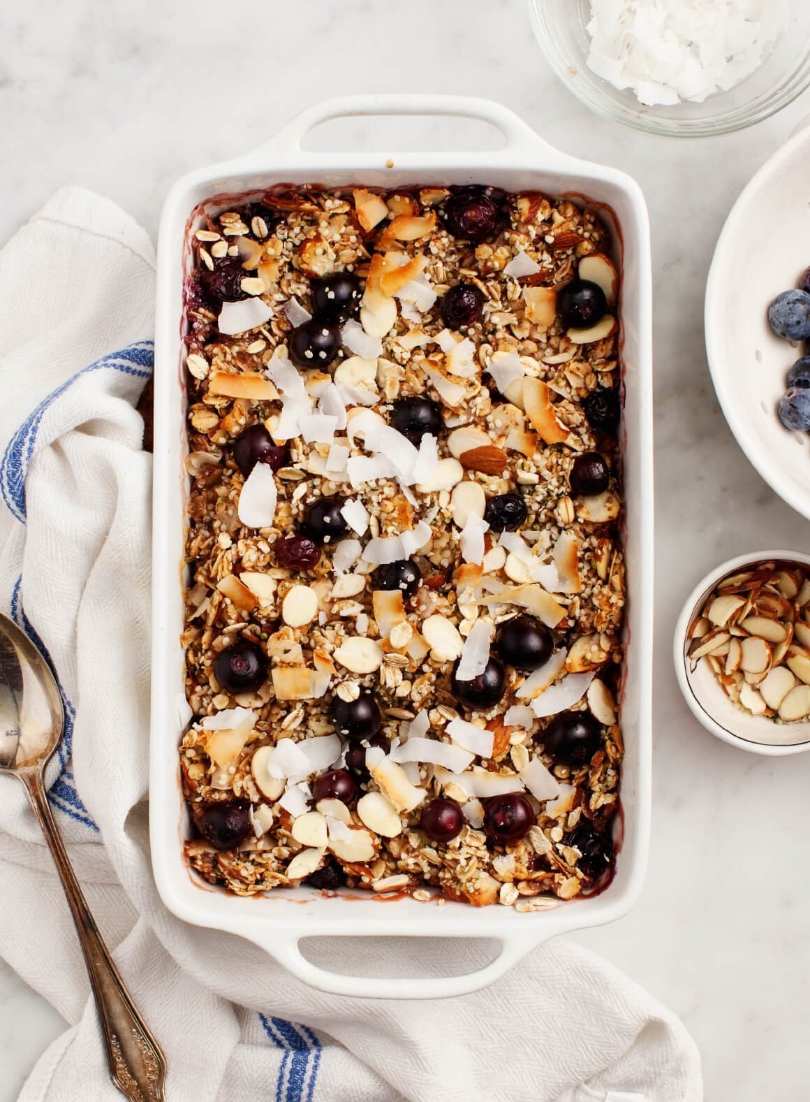 Baked Oatmeal with Blueberries, This healthy baked oatmeal recipe makes for a delicious brunch! I love this blueberry version, but for a twist, swap in whatever seasonal fruit you like.