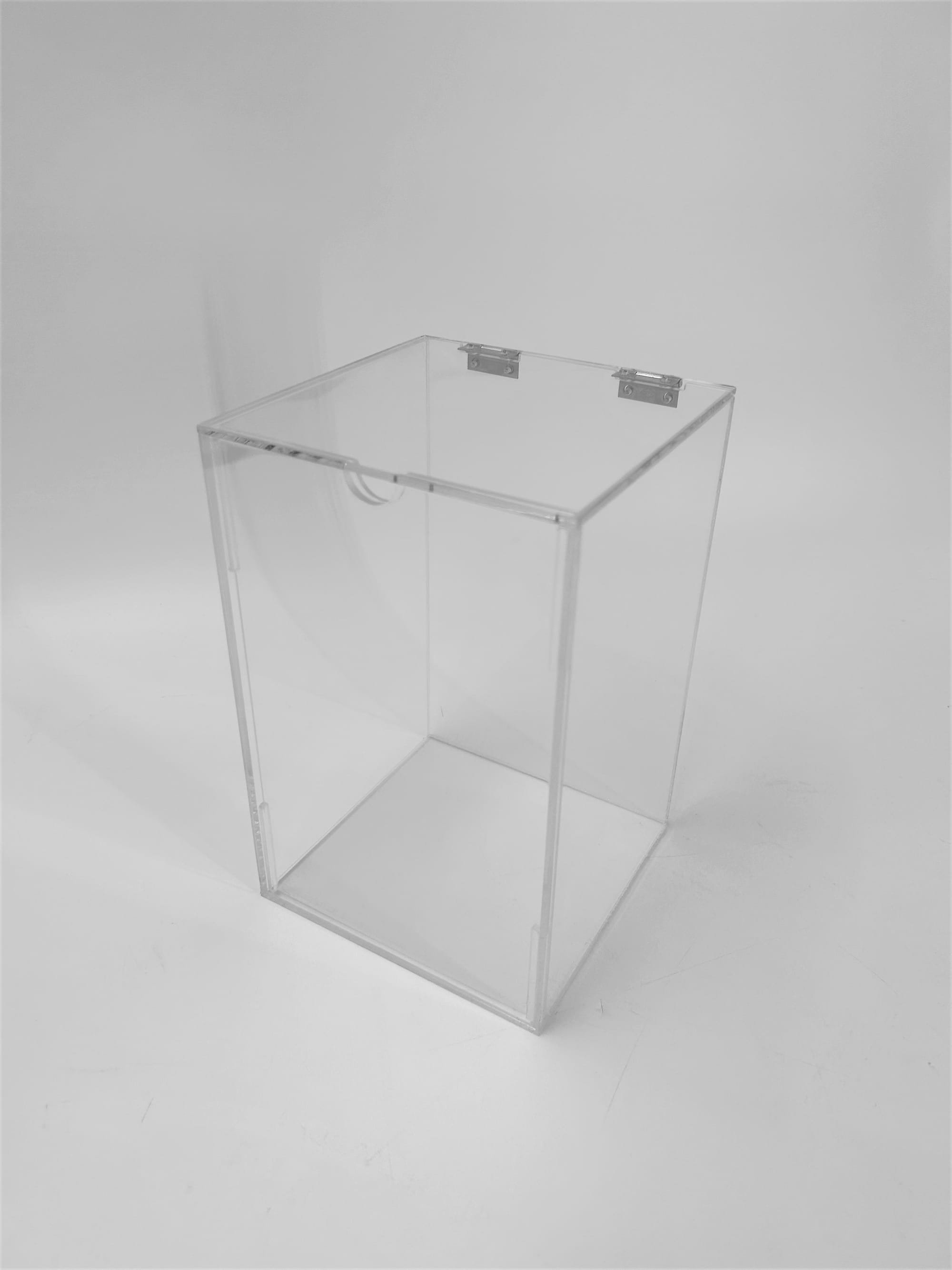 Custom Clear Acrylic Retail Display Case W/ Advert Slot and Small Metal Hinged