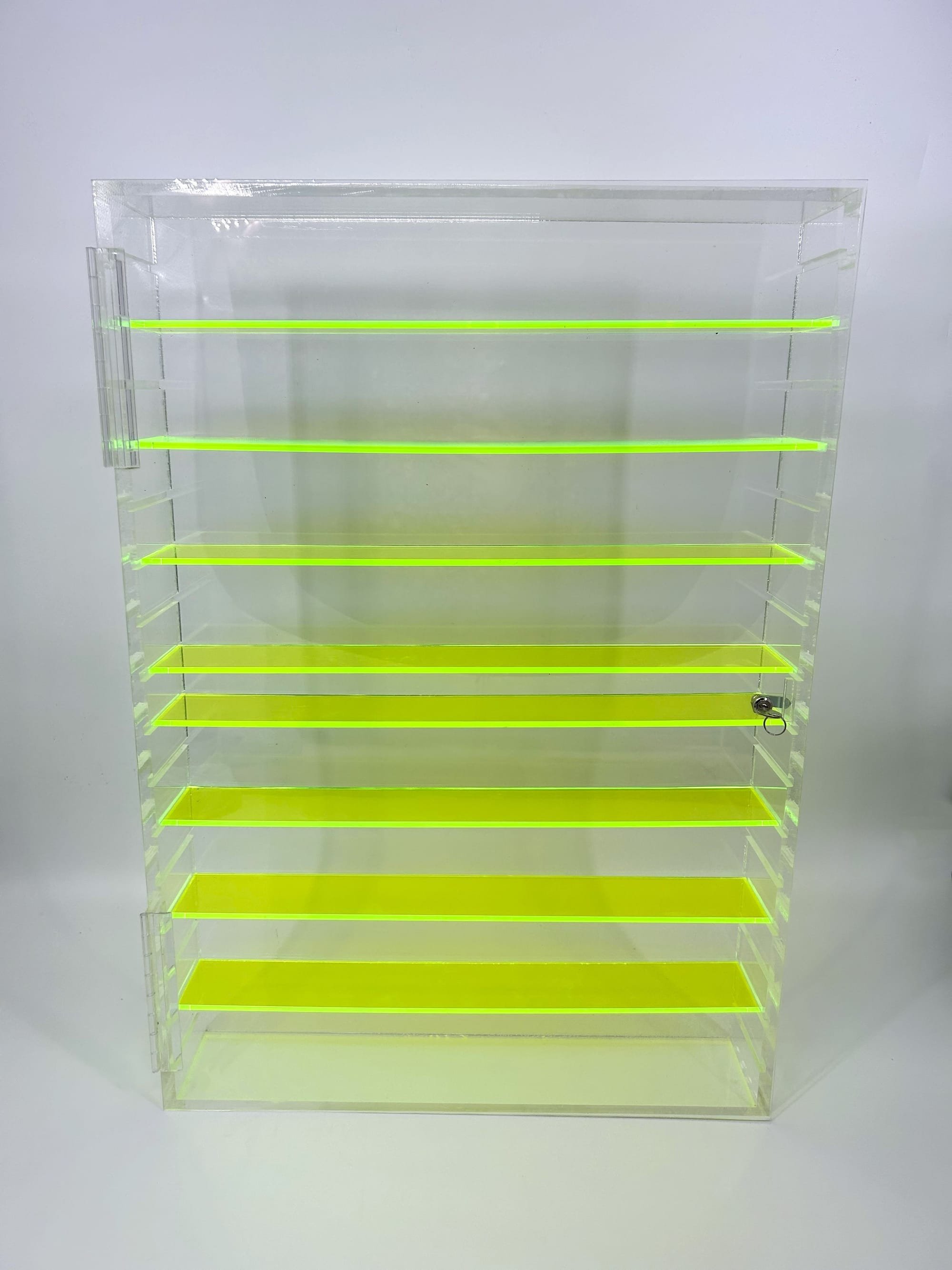 Custom Lockable Acrylic Display w/ Adjustable Fluorescent Green Acrylic Shelves