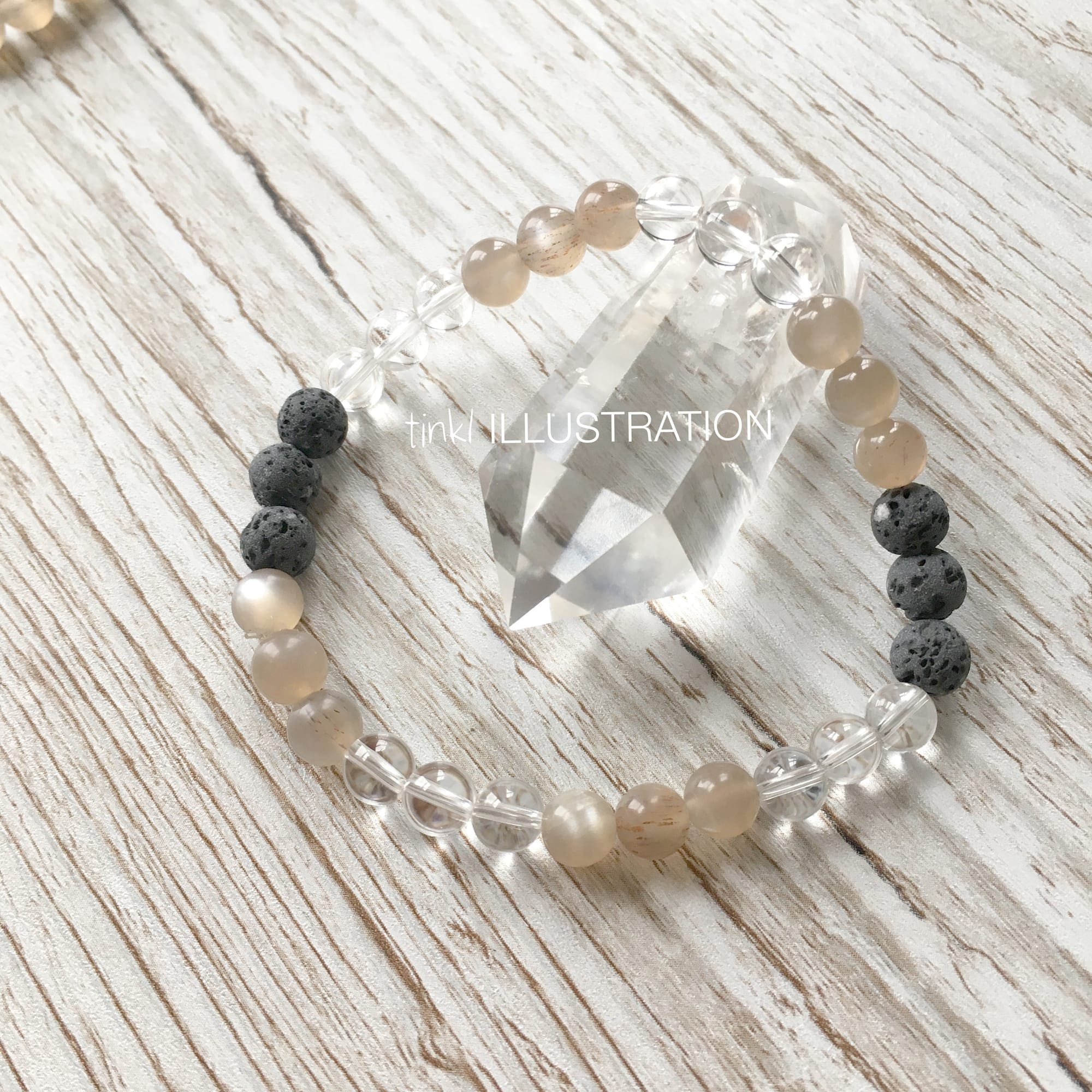 Crystal Bracelet "Black Lava, Clear Quartz and Peach Moonstone"