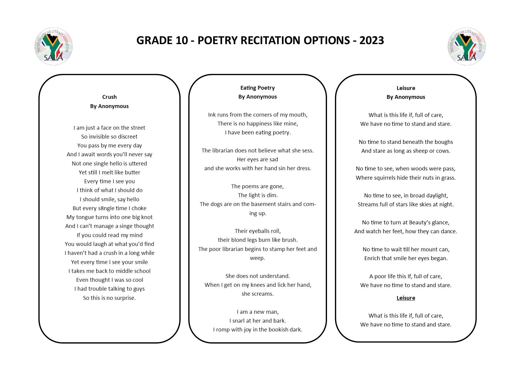 ENGLISH POETRY PRESENTATION TOPICS 2023 - The South African Literacy ...