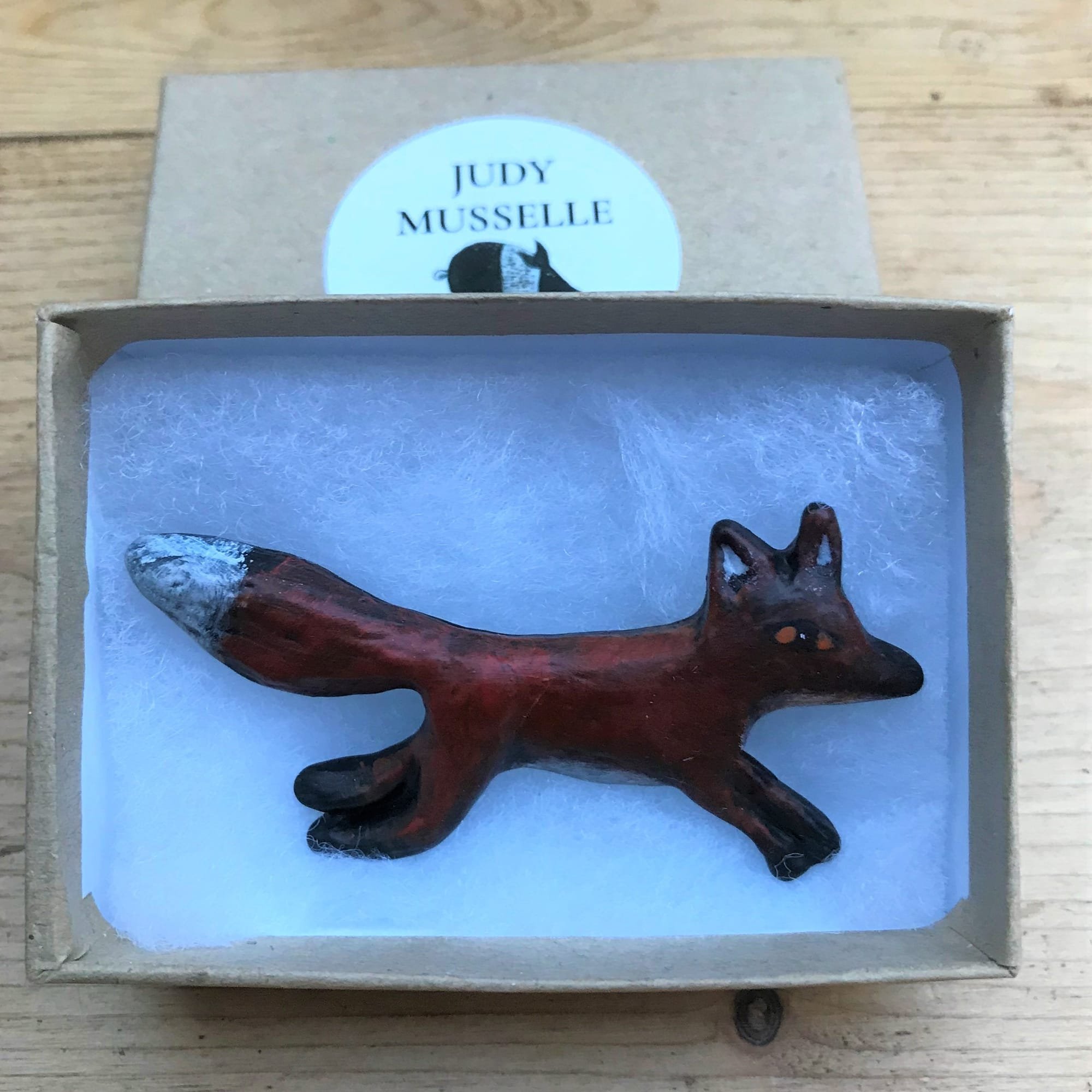 Running Fox Brooch, hand-cast in pewter and hand- painted.