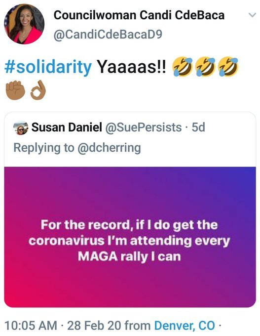 ‘If I do get Coronavirus I’m attending every MAGA rally I can’; Denver councilwoman quotes ‘solidarity’ to tweet
