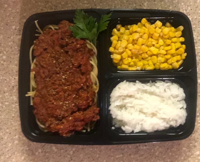 Spaghetti w/Meat sauce, Jasmine rice, Corn