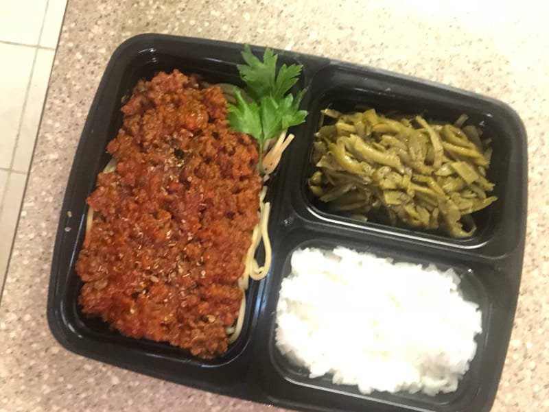 Spaghetti w/Meat sauce, Jasmine rice, Green beans