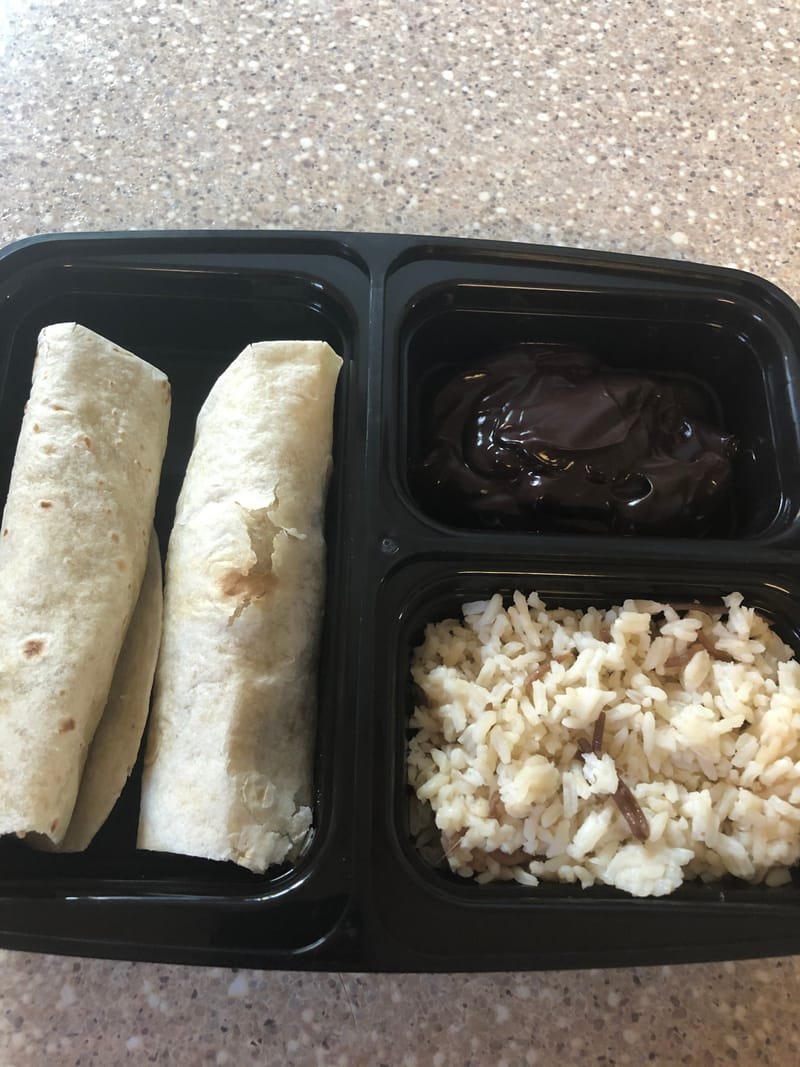 Egg Green Pepper Burrito, Wild rice, and Dark chocolate pudding