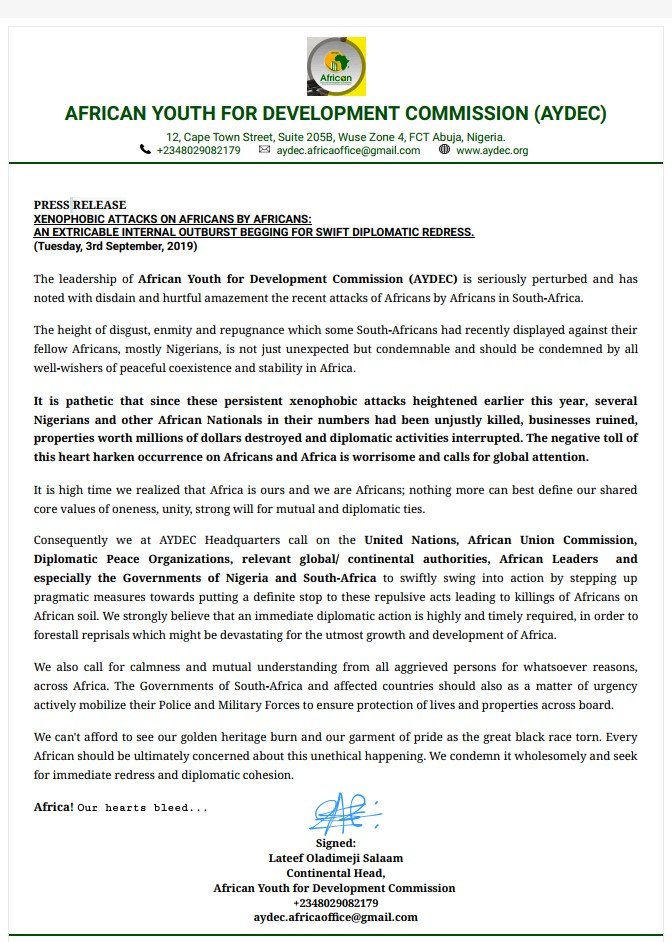 Press Release on Xenophobic Attacks in South-Africa