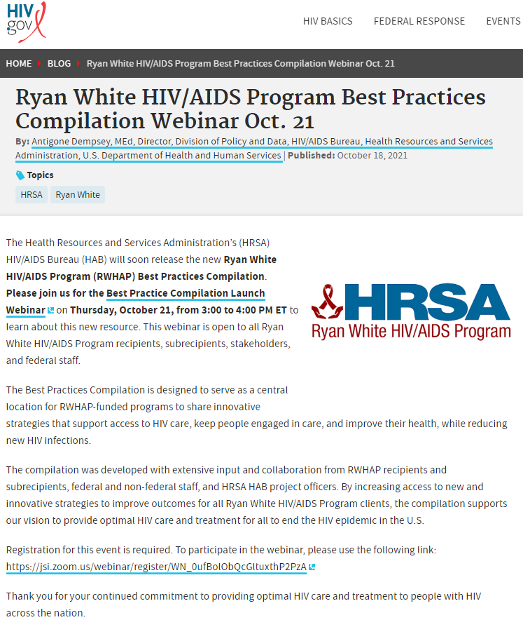 Ryan White HIV/AIDS Program's Best Practices Compilation Webinar