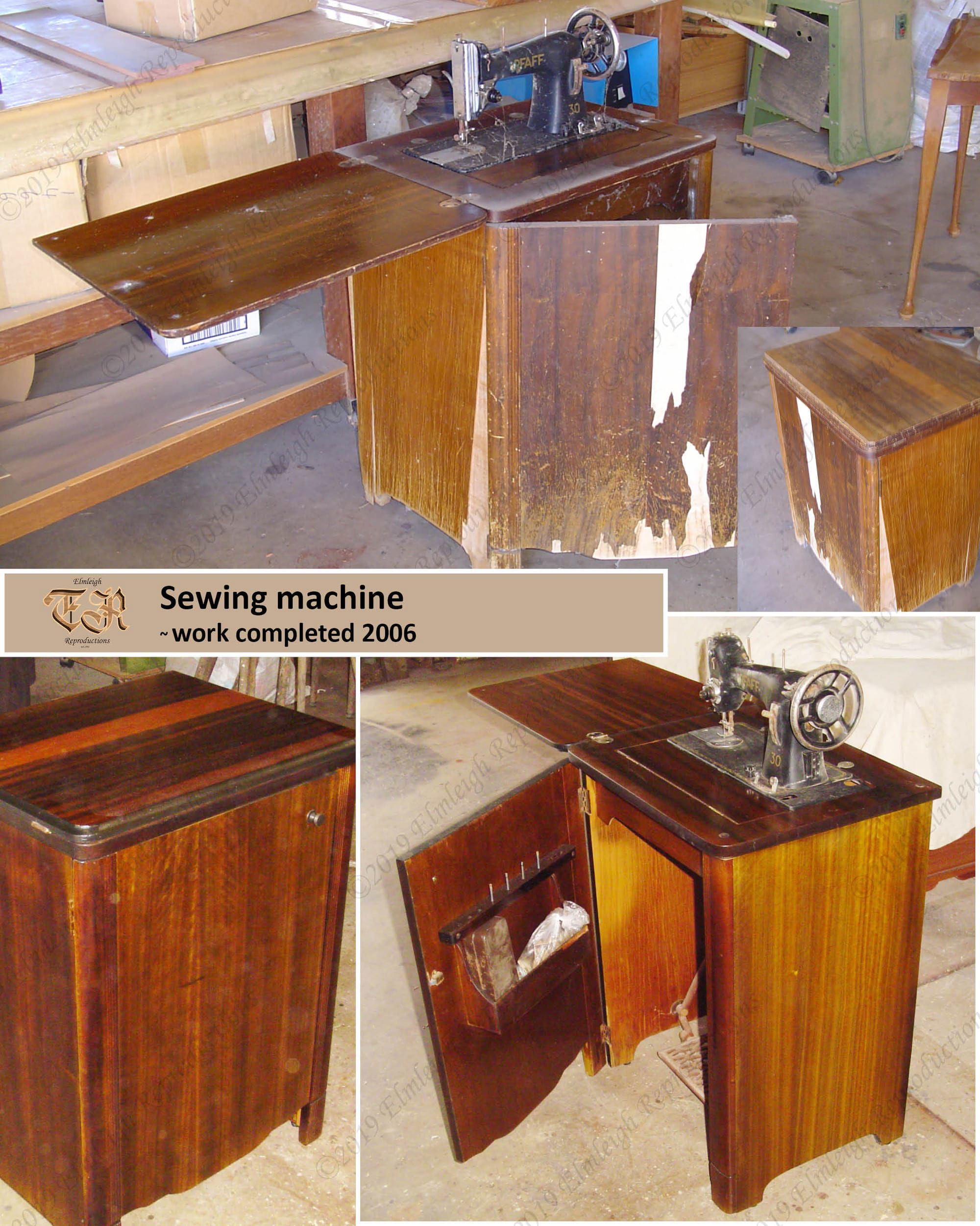 Sewing machine with walnut veneer