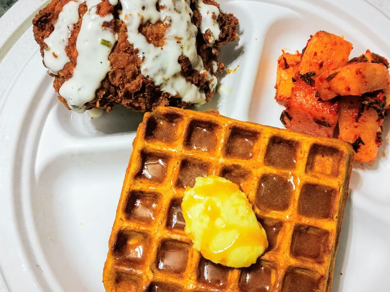 Gochujang Fried Chicken and Sweet Potato Waffle