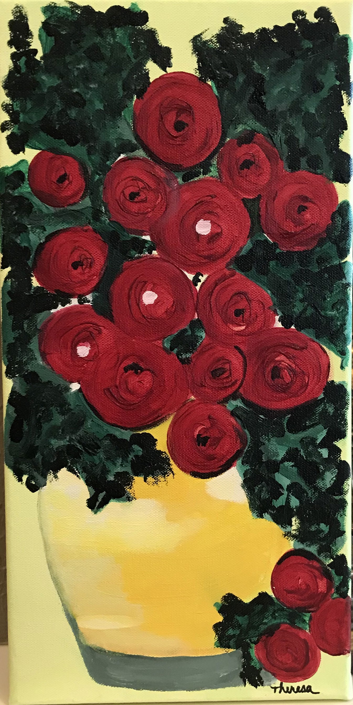 SOLD - Red Flowers in A Yellow Vase