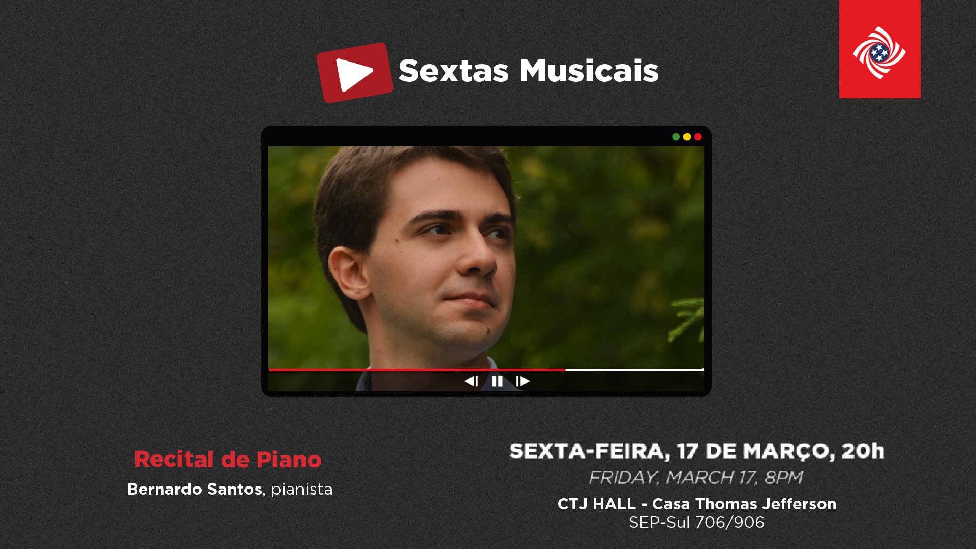Pianista português Bernardo Santos faz recital solo no CTJ Hall
