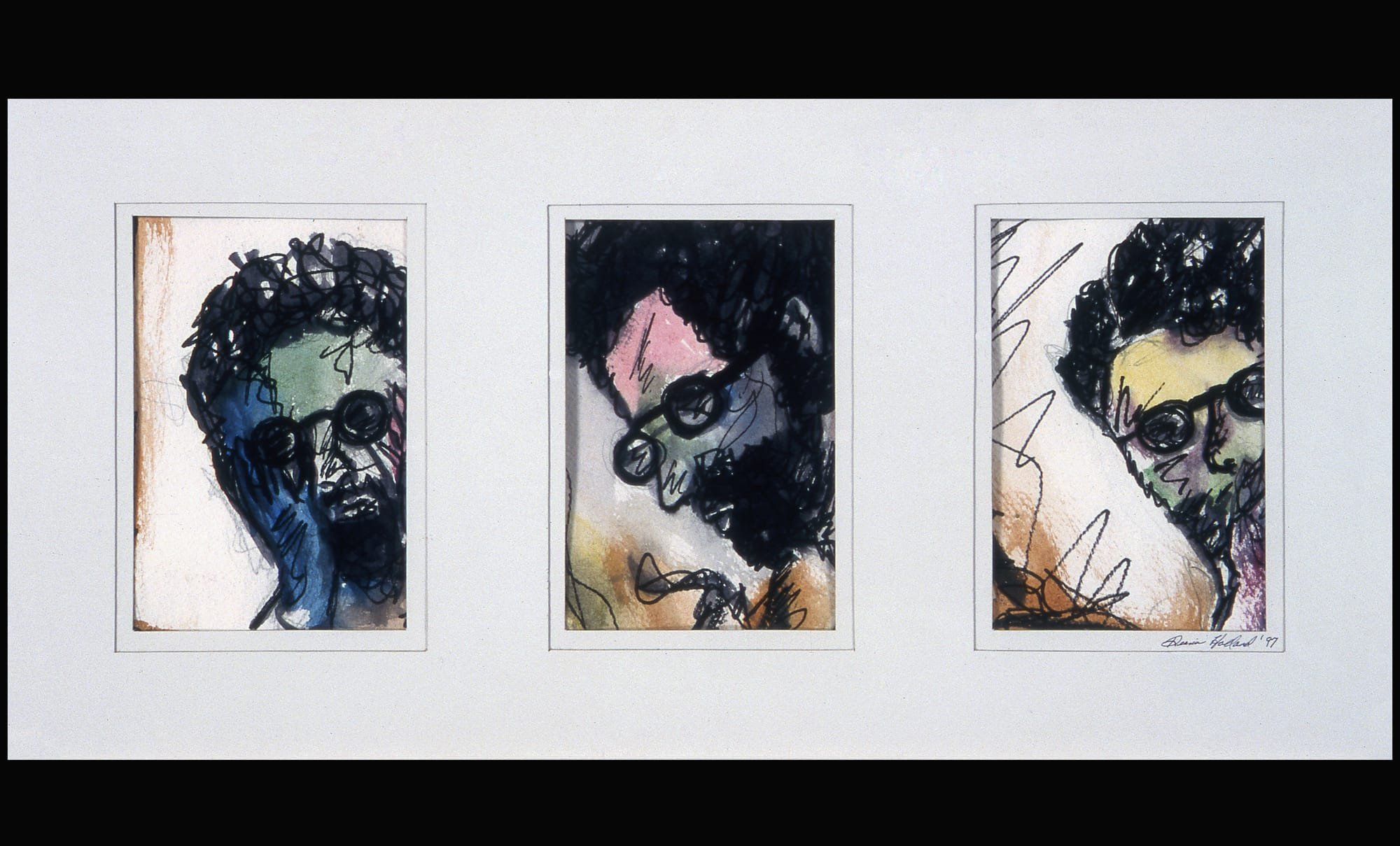 © Diane Holland 2020. www.dianehollandart.com   THREE EXPRESSIONS.    Acrylic and Ink on Paper, 12" x 20"