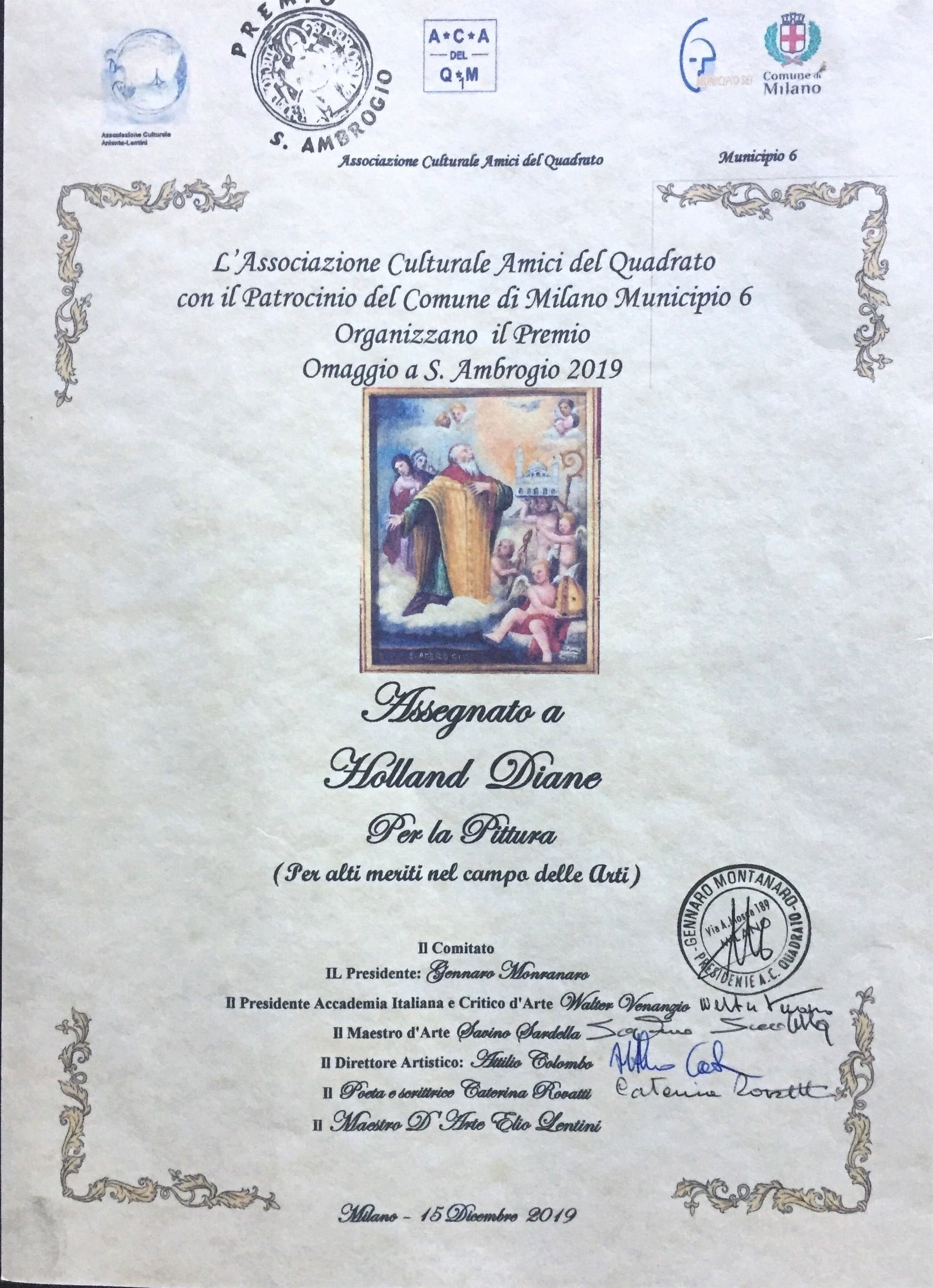 15 December 2019: Award for "Exuberant"' in the Festival and in the Publications of L'Associazione Culturale Amici del Quadrato, di Milano.