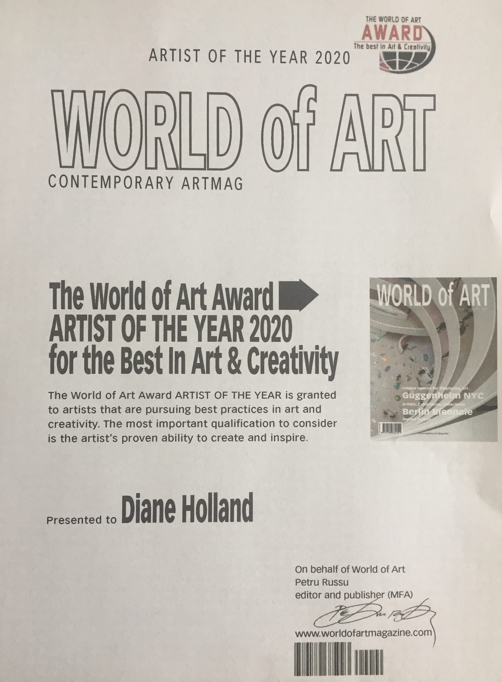 © Diane Holland 2020. www.dianehollandart.com. World of Art Award--Artist of the year 2020.