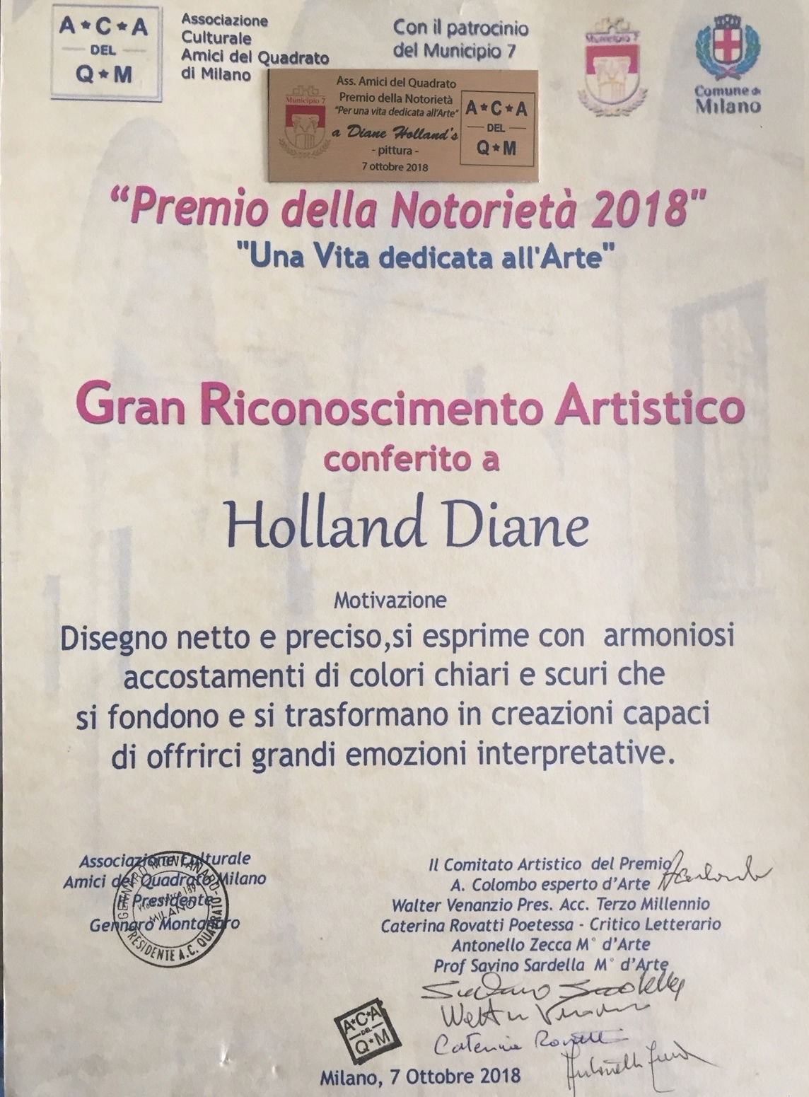 Associazione Culturale Amici del Quadrato di Milano: Gran Riconoscimento Artistico conferito a Diane Holland