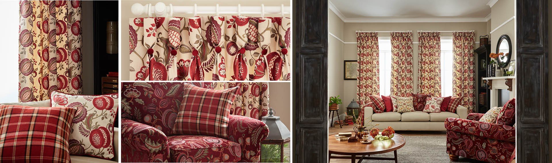 Red Patterned Curtains and Tartan Cushions