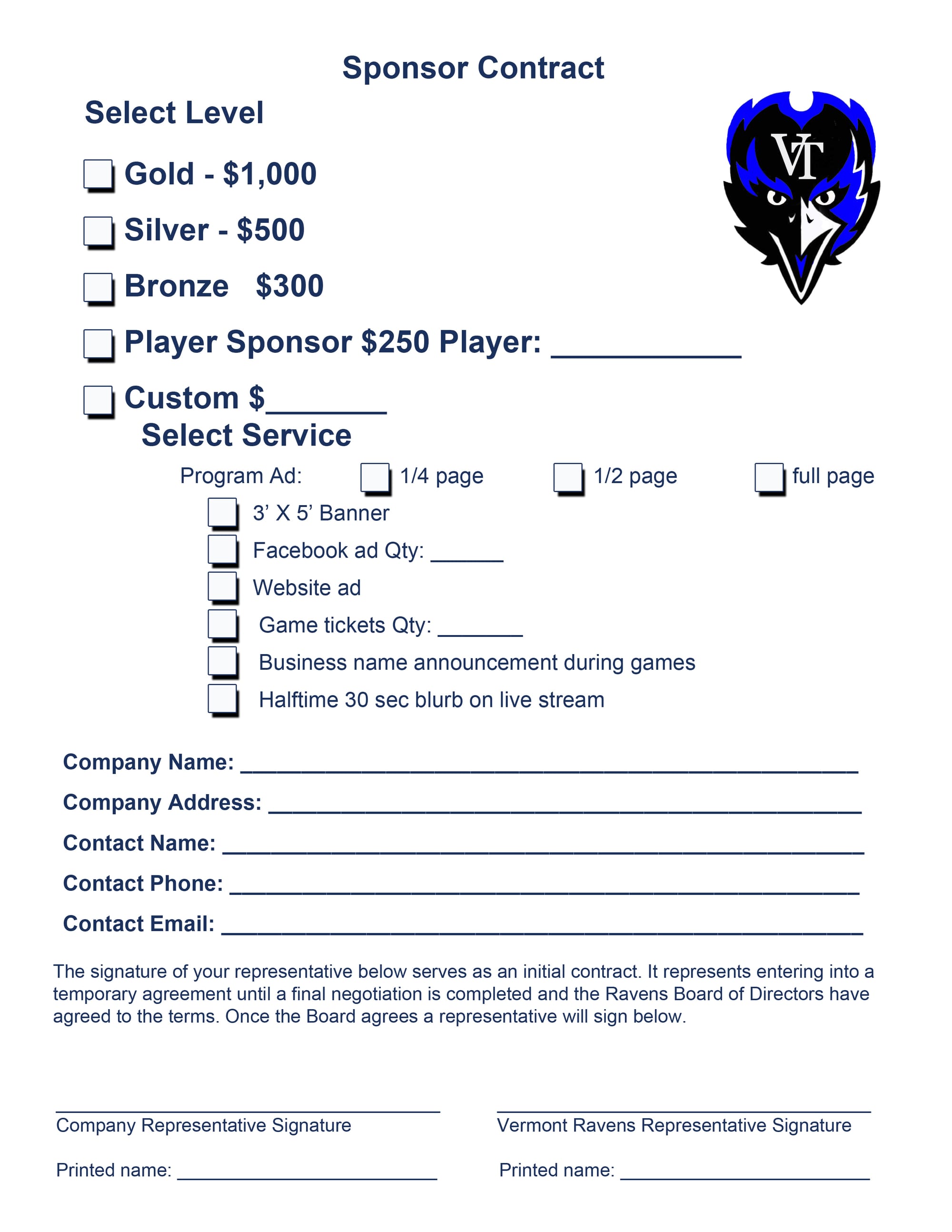 Ravens Sponsorship Form