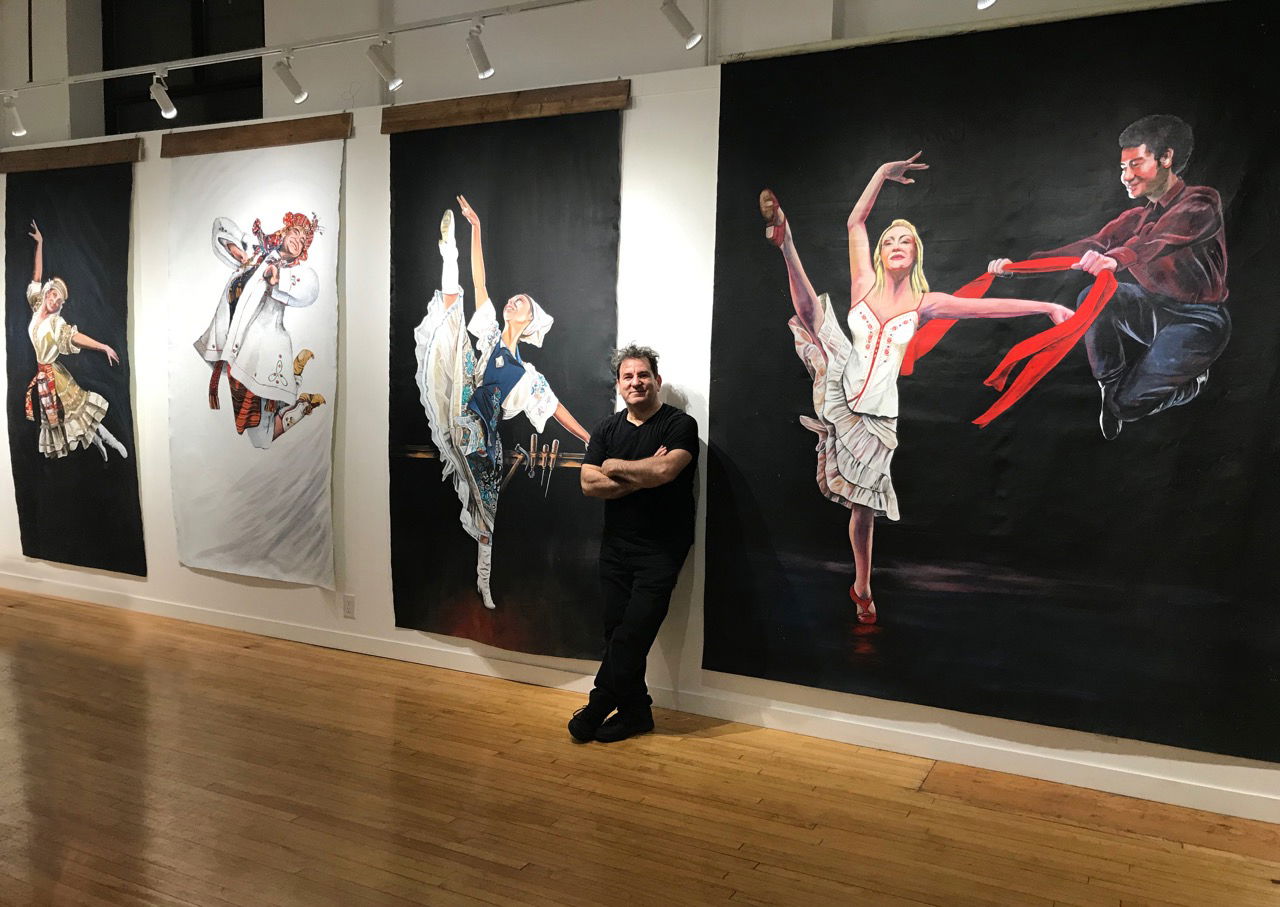 Artist with 4 "Dance" series paintings