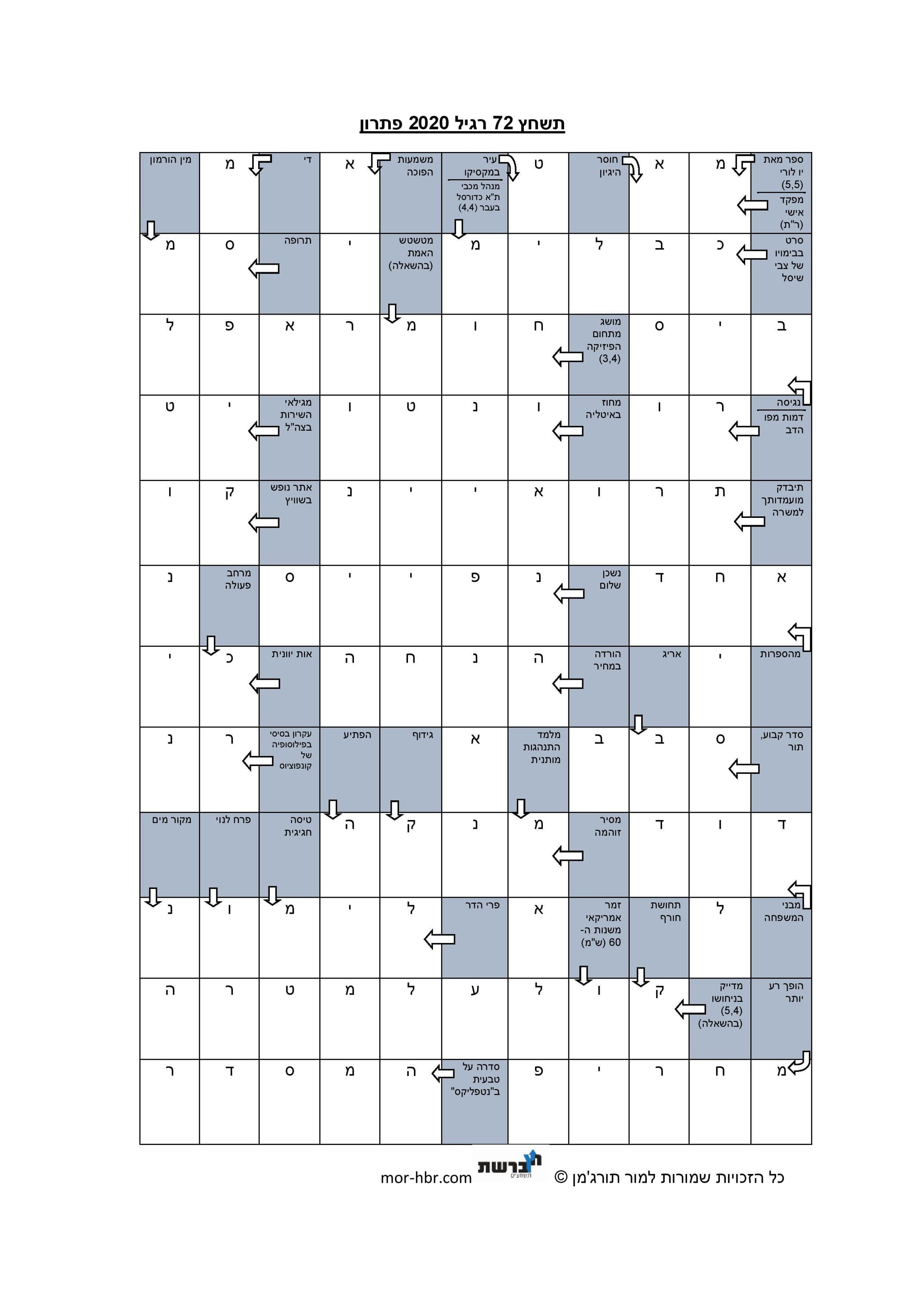 תשחץ 72 רגיל 2020 פתרון