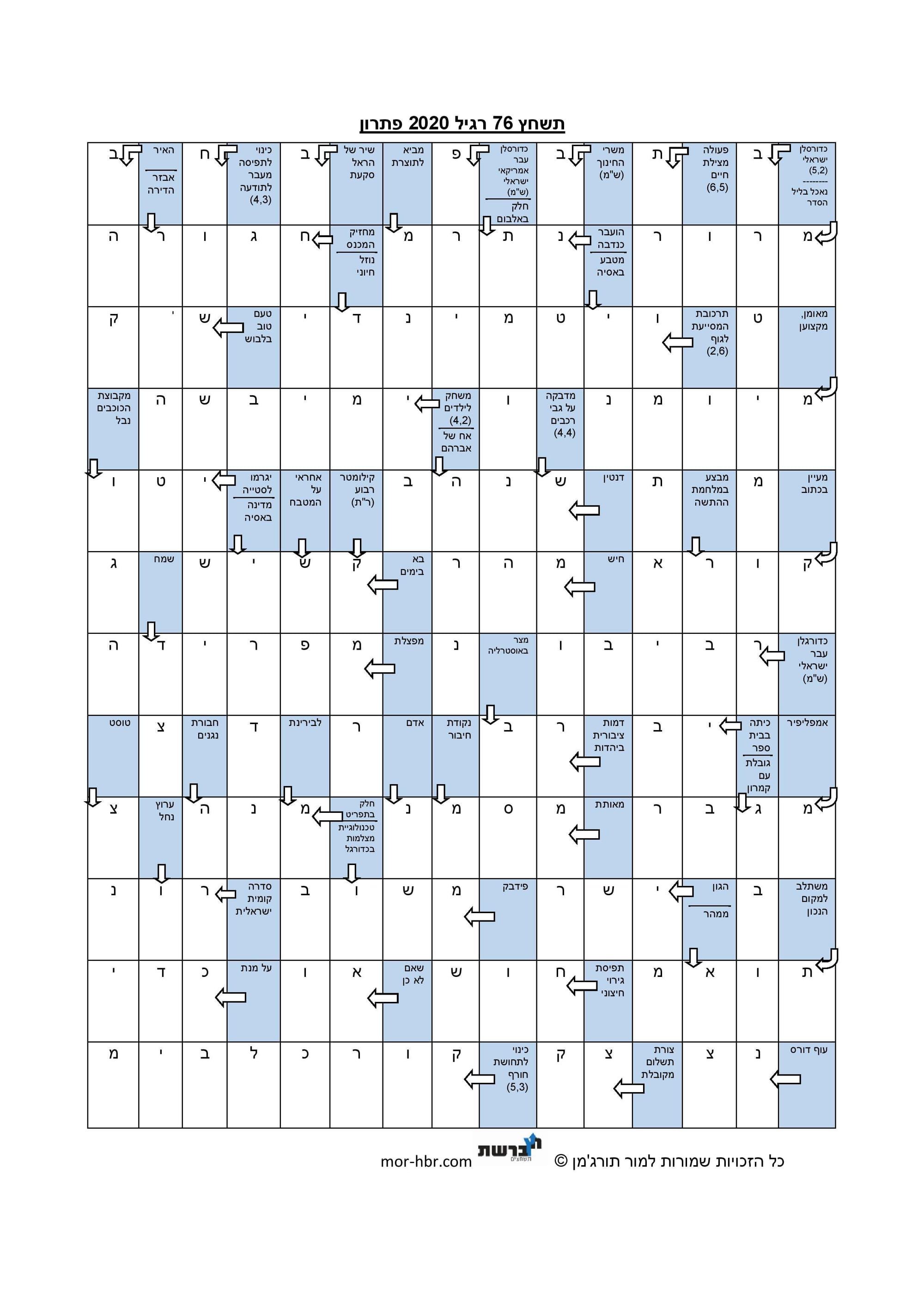 תשחץ 76 רגיל 2020 פתרון