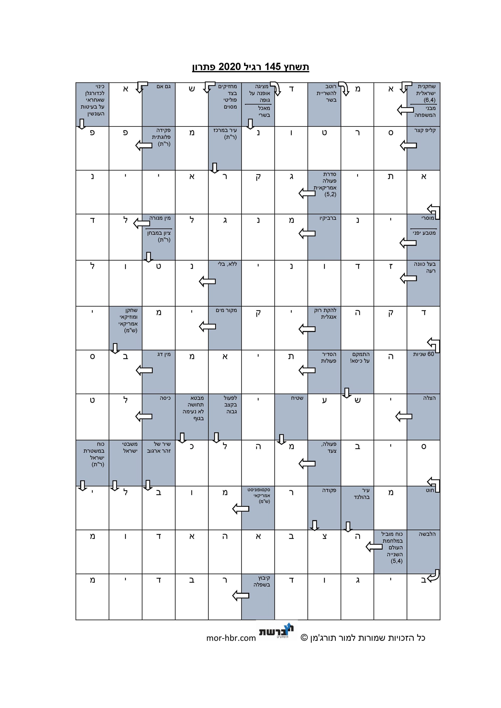 תשחץ 145 רגיל 2020 פתרון