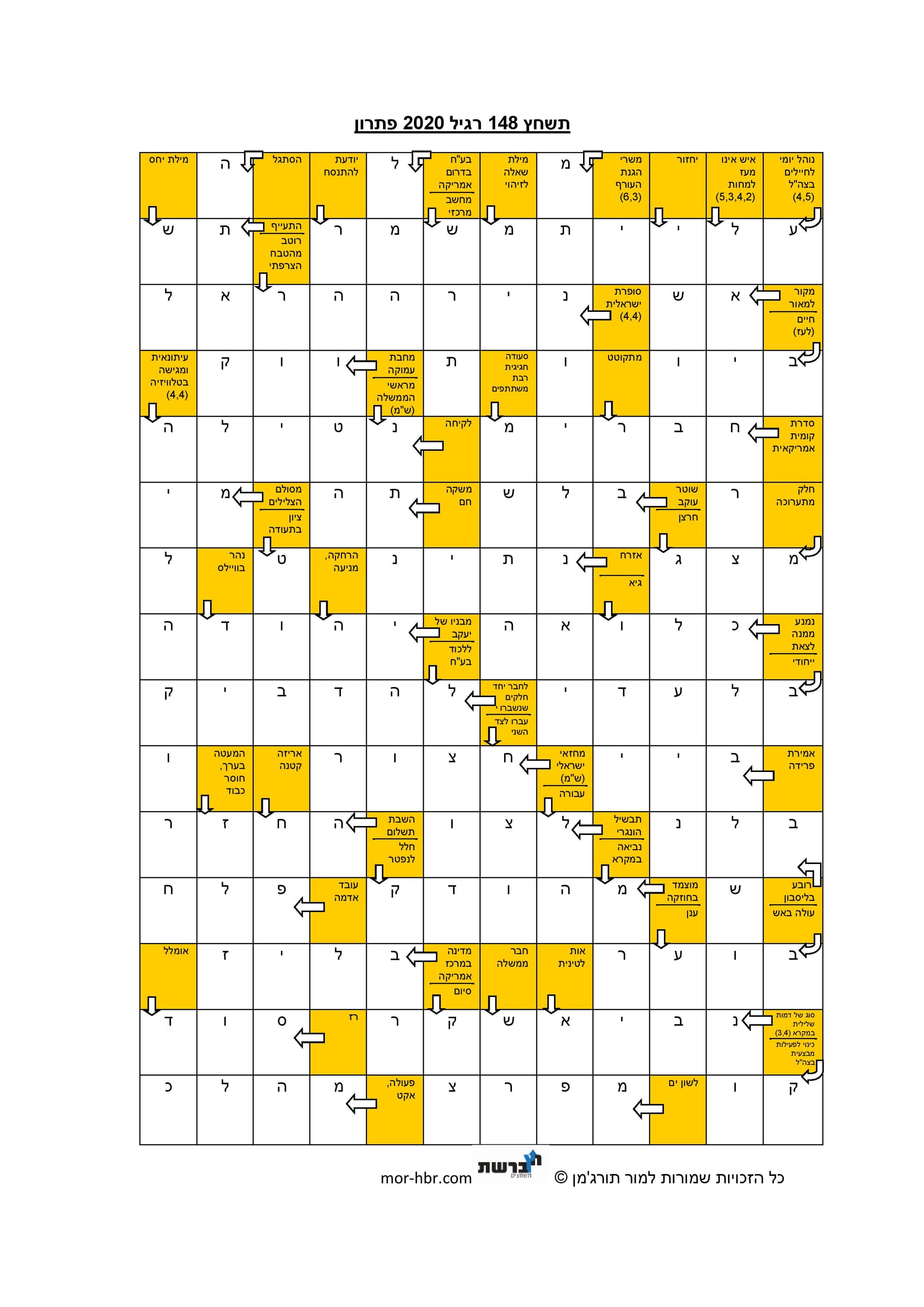 תשחץ 148 רגיל 2020 פתרון