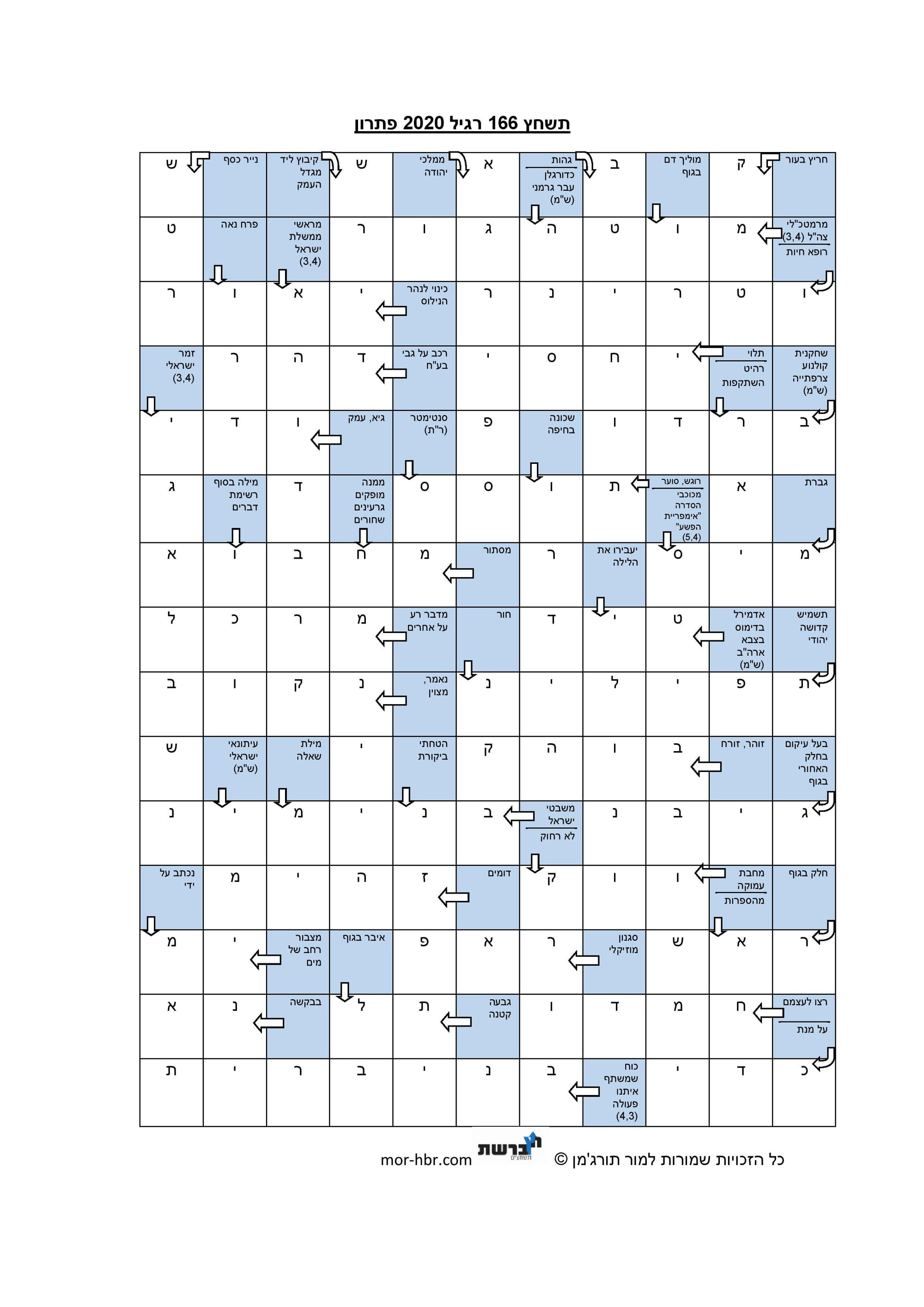 תשחץ 166 רגיל 2020 פתרון
