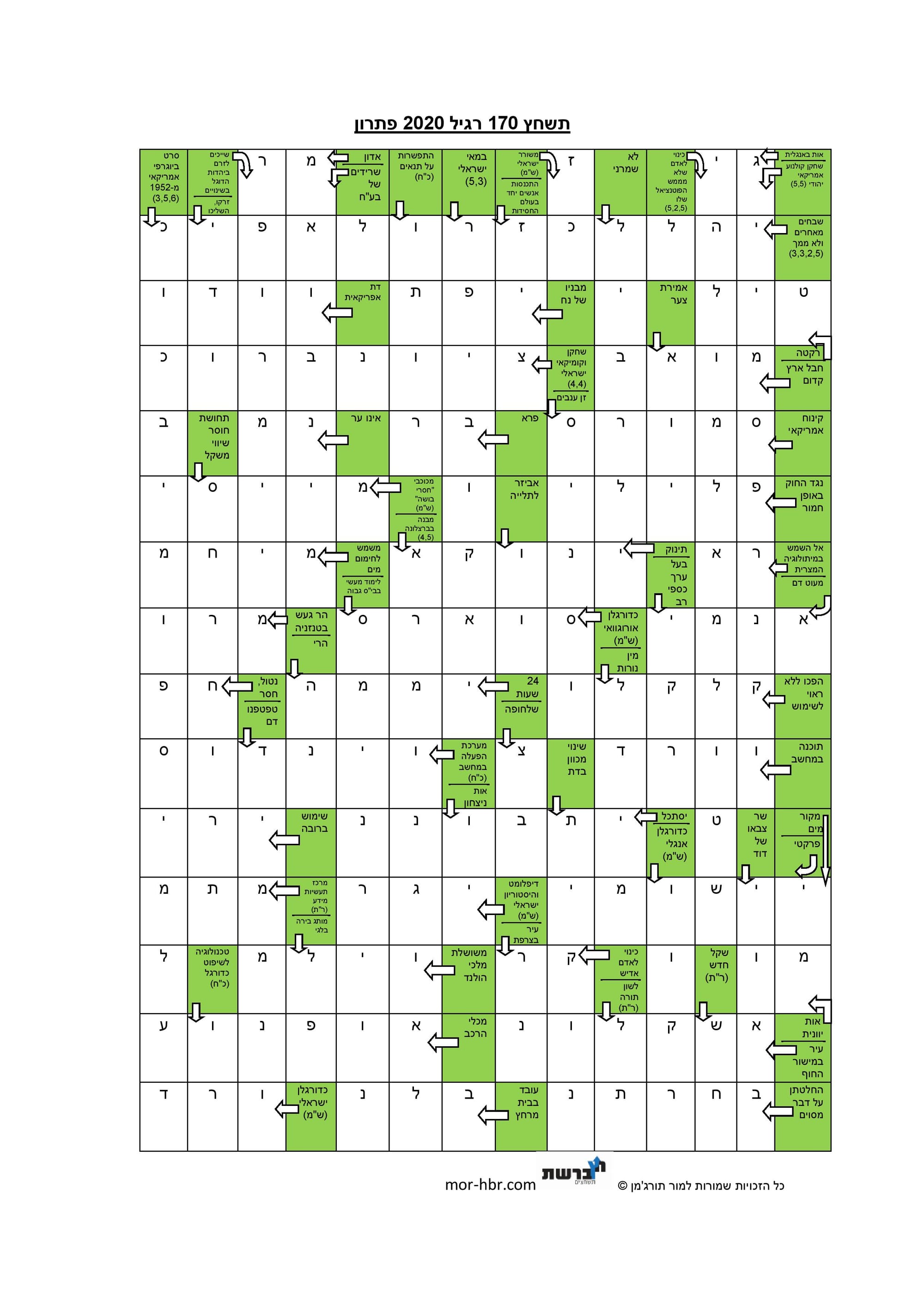 תשחץ 170 רגיל 2020 פתרון