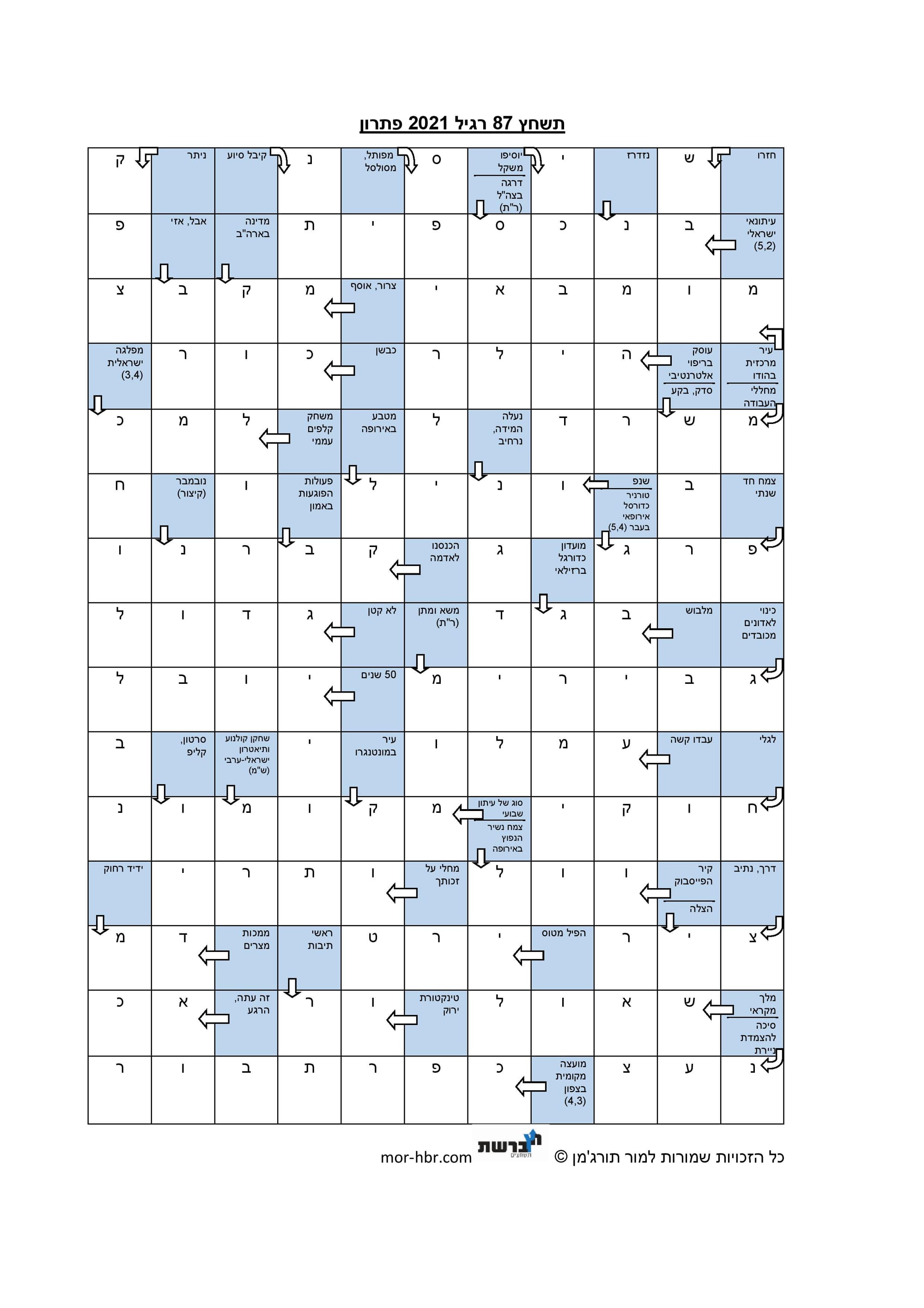 תשחץ 87 רגיל 2021 פתרון