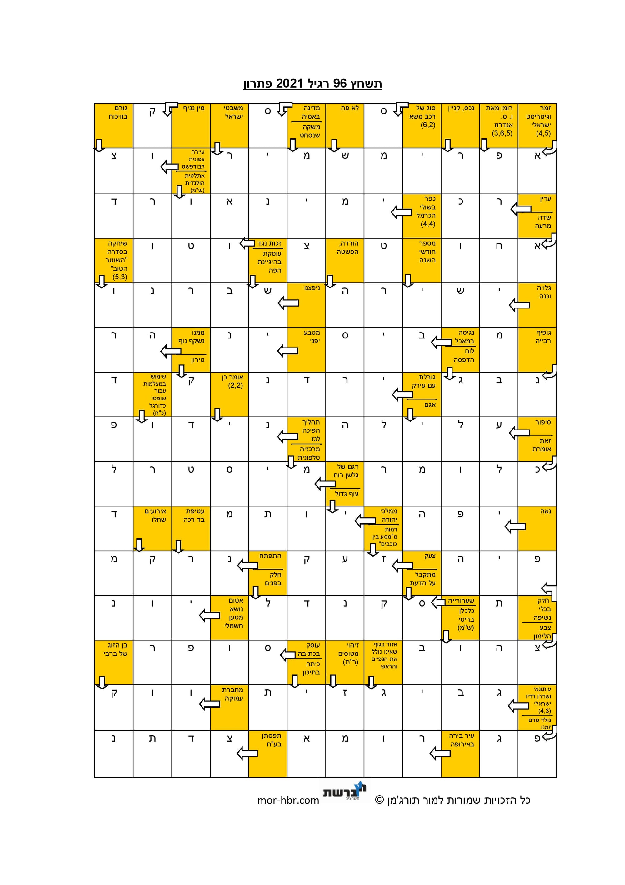 תשחץ 96 רגיל 2021 פתרון