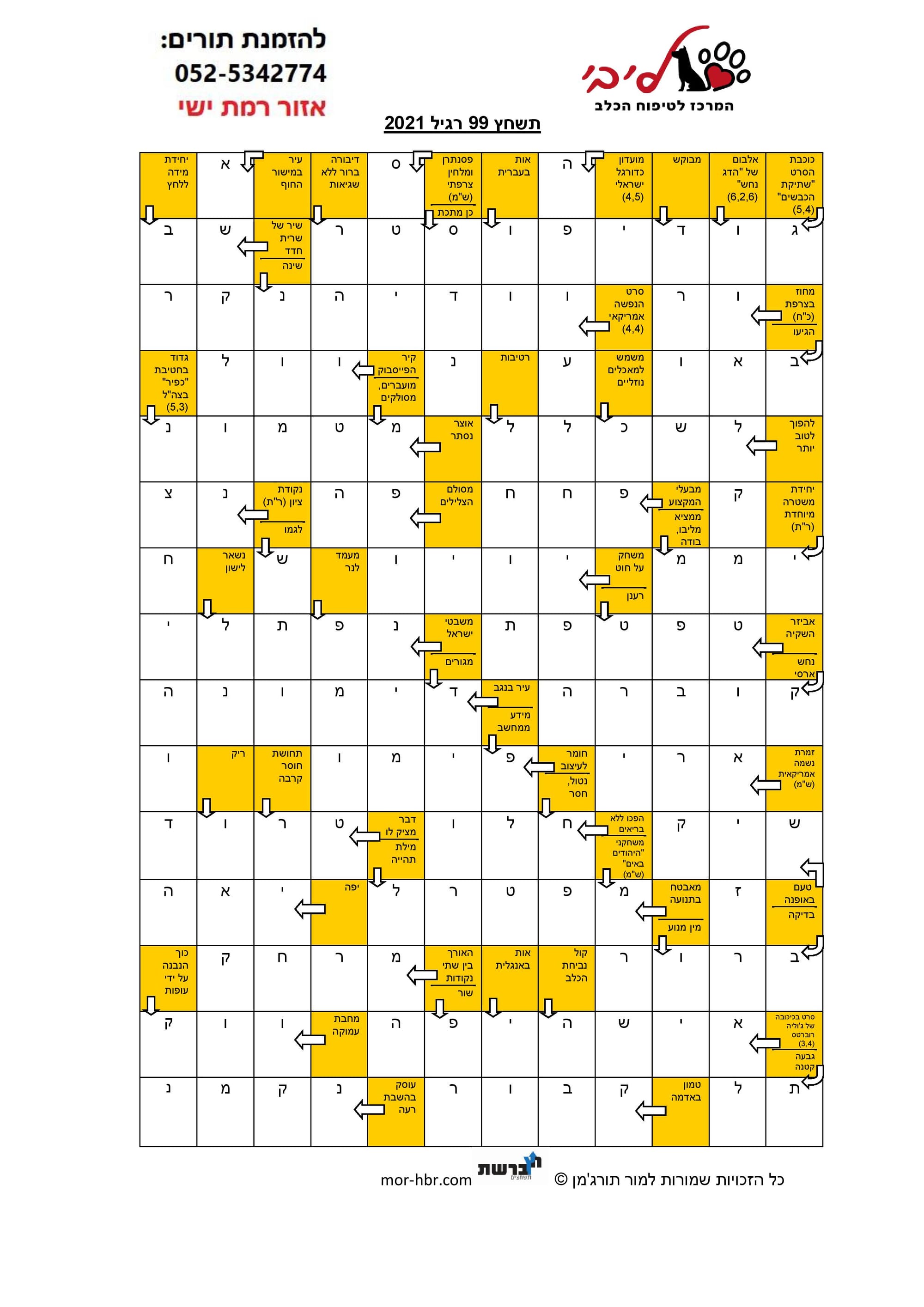 תשחץ 99 רגיל 2021 פתרון