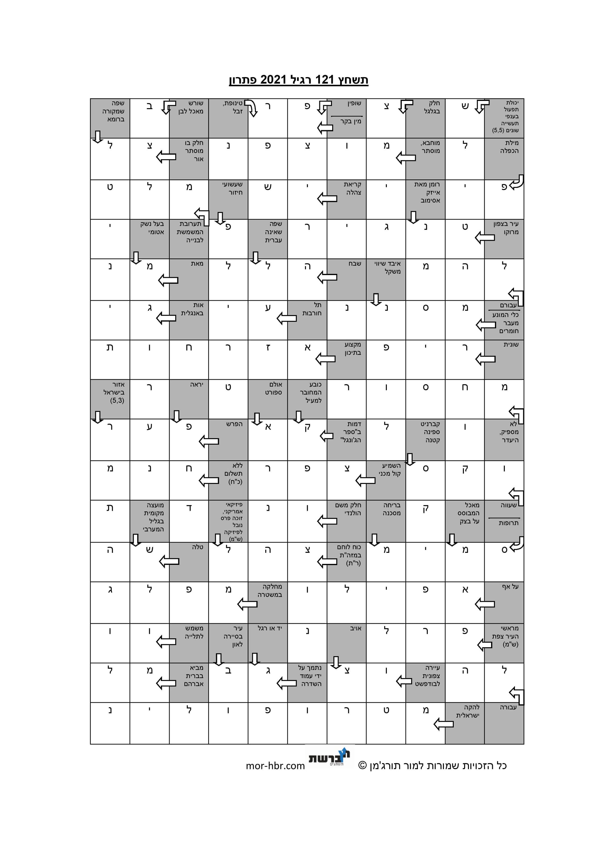 תשחץ 121 רגיל 2021 פתרון
